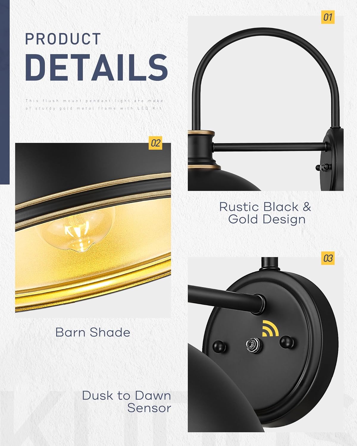 kudos Dusk to Dawn Porch Light Motion Sensor Outdoor Gooseneck Light Fixture Black Farmhouse Wall Sconce Lantern for Porch Entryway Garage, 1 Pack, KDOWL03-BK-S-LC