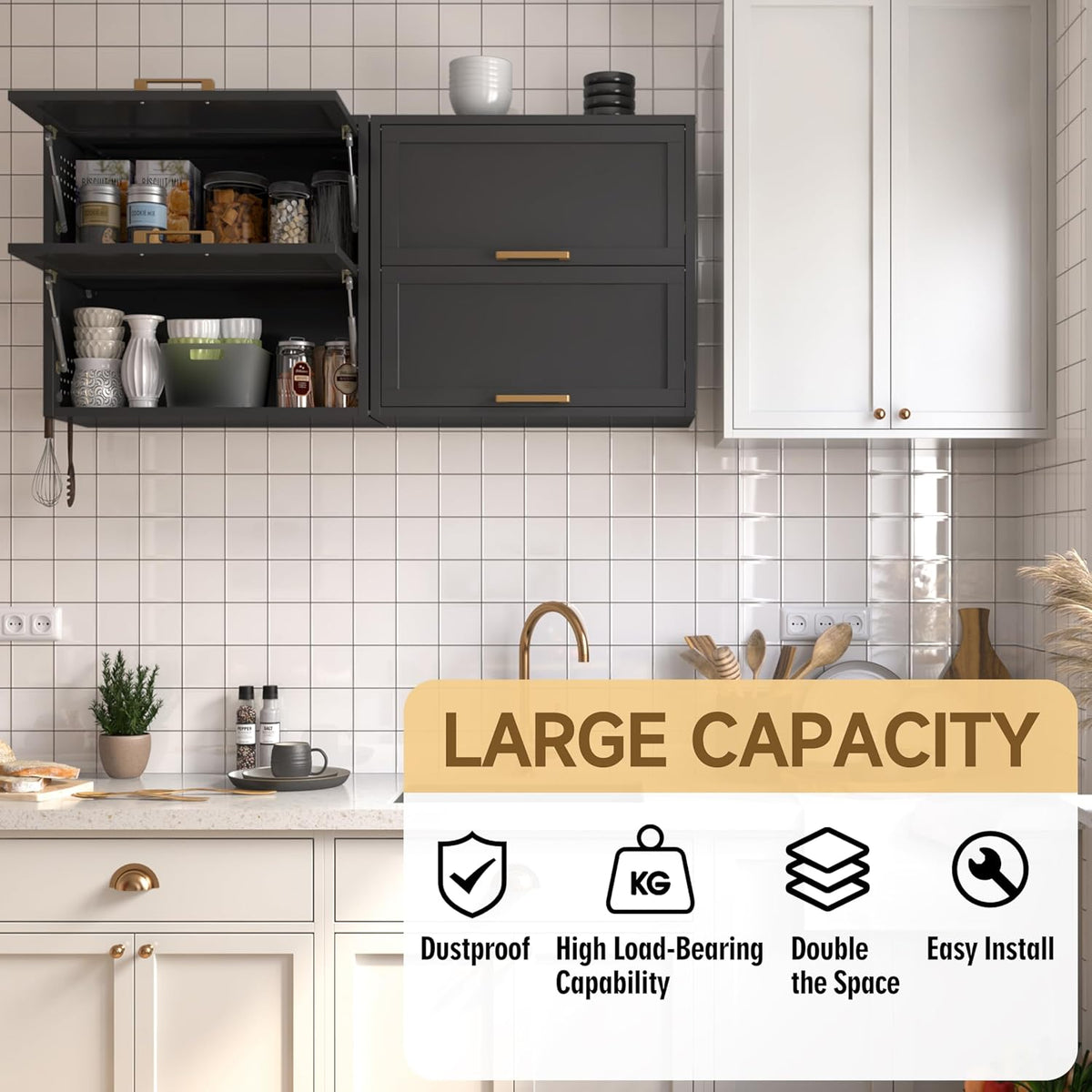 Metal Wall Cabinets with 2 Up-Flip Doors, Floating Steel Wall Mounted for Garage, Basement, Home Office, Kitchen, Warehouse - Black