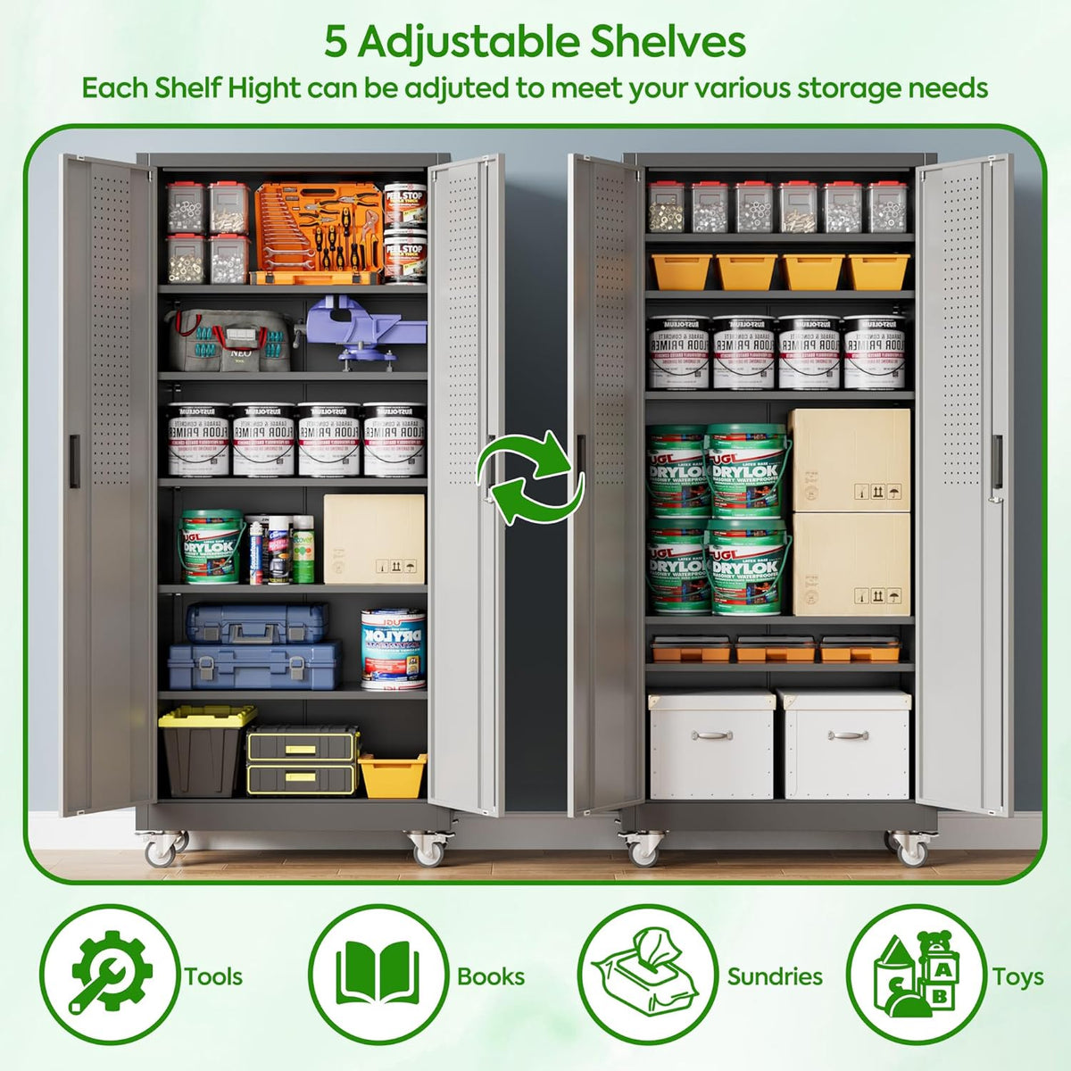 Garage Storage Cabinet with Pegboard and 5 Adjustable Shelves, 71'' x 32'' x 16''Metal Lockable Cabinet with Magnetic Doors,Tool Storage,Home Office Garage,Gym,School (Black-Grey)