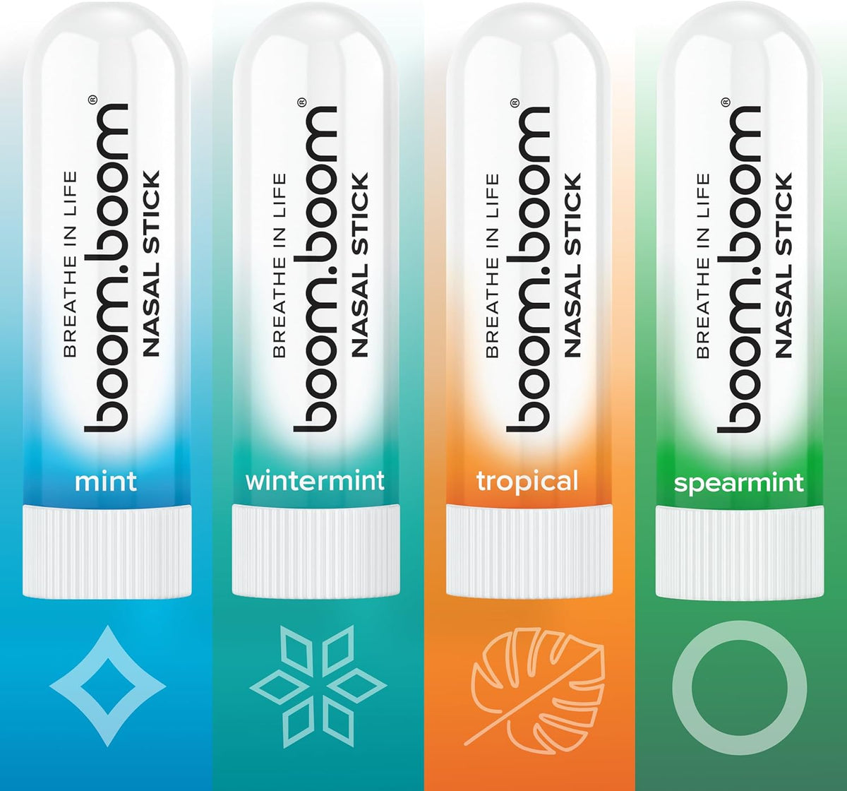 BoomBoom Nasal Stick | Vapor Flow Technology | Cool Refreshing Sensation | Natural Mood Boost | Simple Ingredients | Essential Oils + Menthol Inhaler (Mint, Wintermint, Tropical, Spearmint)