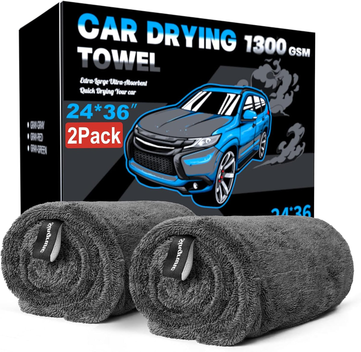 2 Pack XL Car Drying Towel – 1300GSM Ultra Absorbent Microfiber, 24"x36" Large Size, Twisted Loop, Lint-Free & Streak-Free for Auto Detailing, Car, SUV, Truck (Gray-Gray)