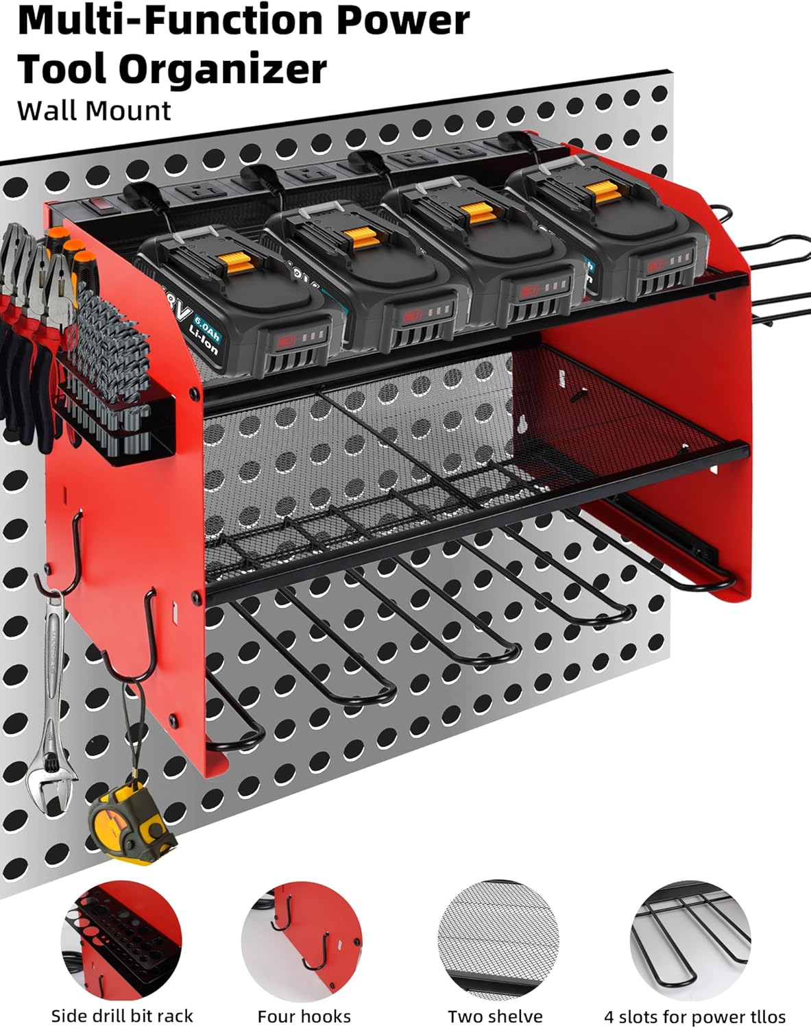 Power Tool Organizer wtih Charging Station，3 Layers Storage Rack with Screwdriver Rack 6 Drill Holders 8 Outlets Max Load 110lbs，for Workshop Garage Organizers and Storage Tool Battery Holder (red)
