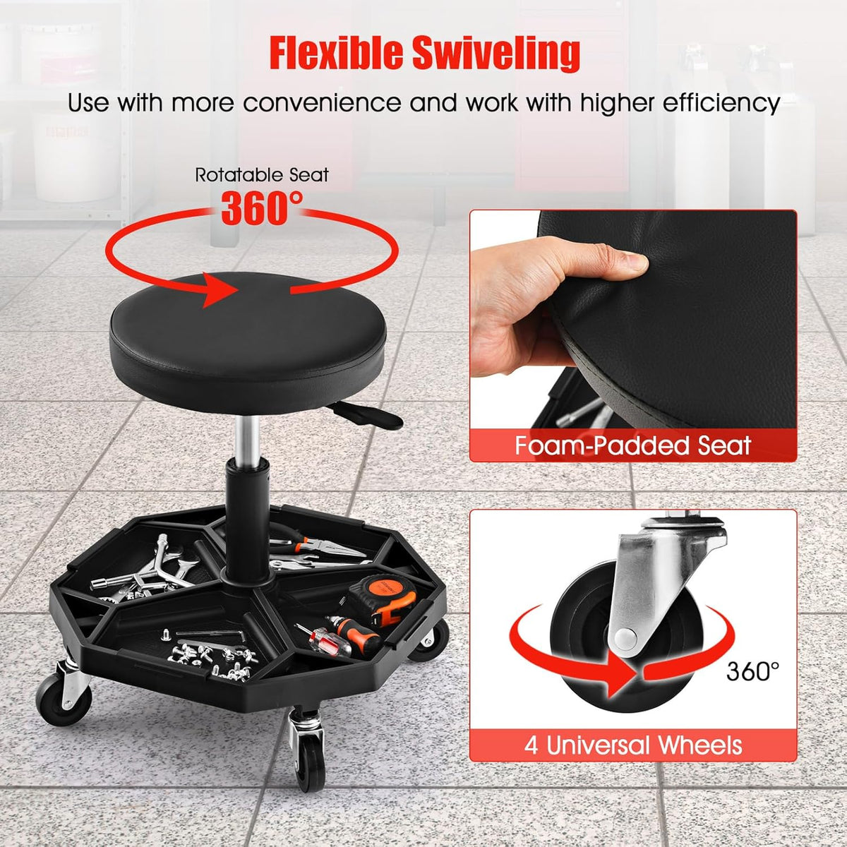 IRONMAX Rolling Mechanic Stool, Adjustable Shop Stool Creeper Seat with Removable Tool Tray, Padded Plush Cushion, Universal Wheels, Heavy Duty Metal Frame, 330 LBS Max Load (Black)