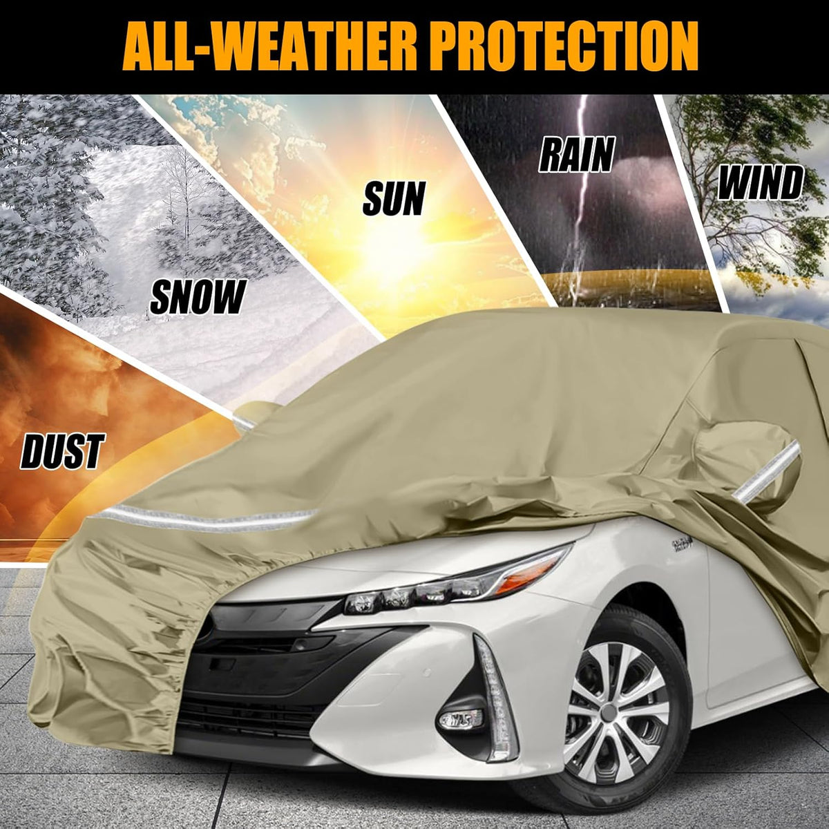 Waterproof Car Covers Replace for 2004-2025 Toyota Prius, Multilayer Heavy Duty with Cotton Liner All Weather Custom-fit Car Cover with Zipper Door, Windproof Bands for Snow Rain Dust Protection
