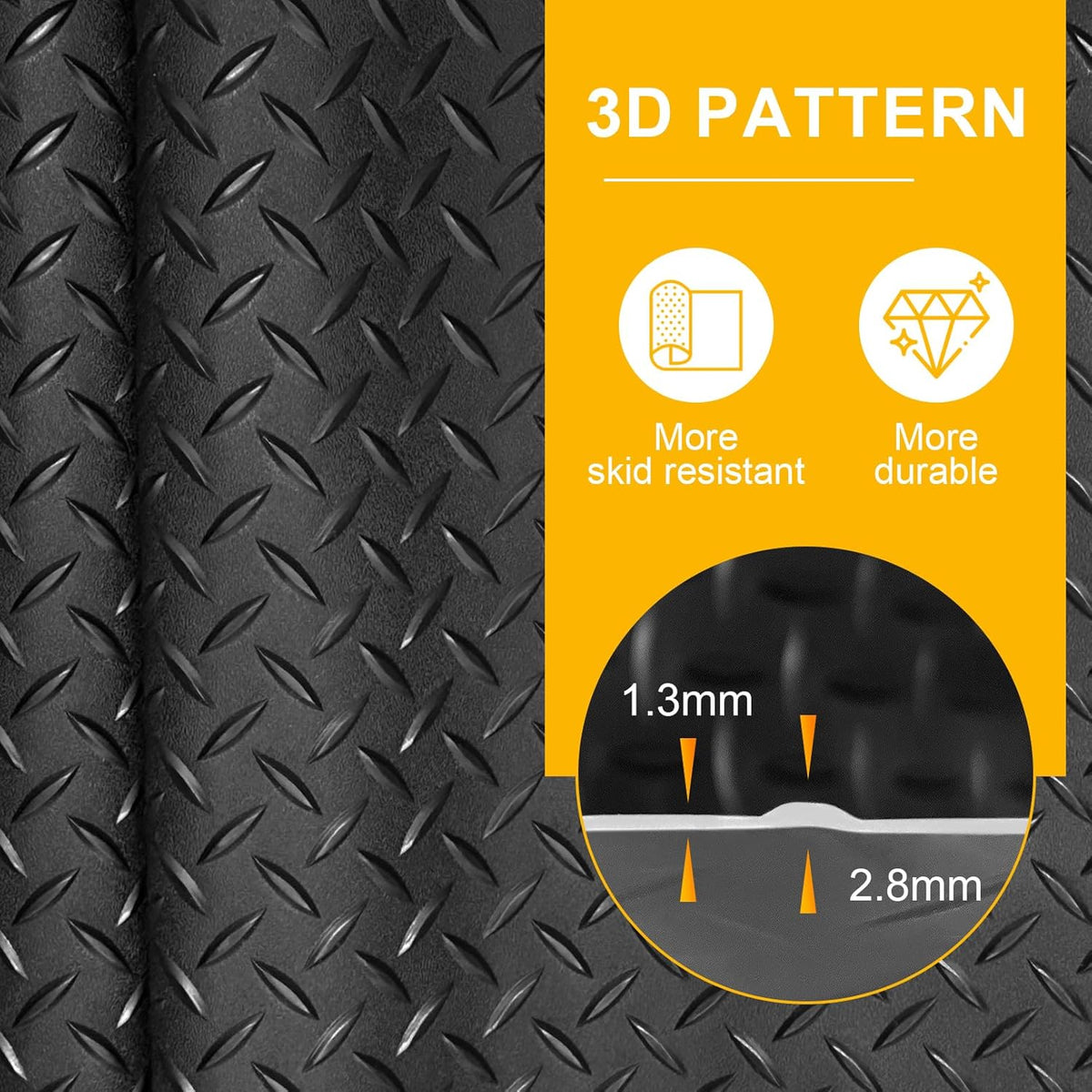 7.5x20 FT Garage Floor Mat, 2.8mm Thickened Flooring Roll with 20Pcs Tapes, Diamond Plate PVC Rubber Trailer Mat, Non-Slip Floor Protector Mat for Garage, Warehouse, Gyms, Trailer(Matte Black)