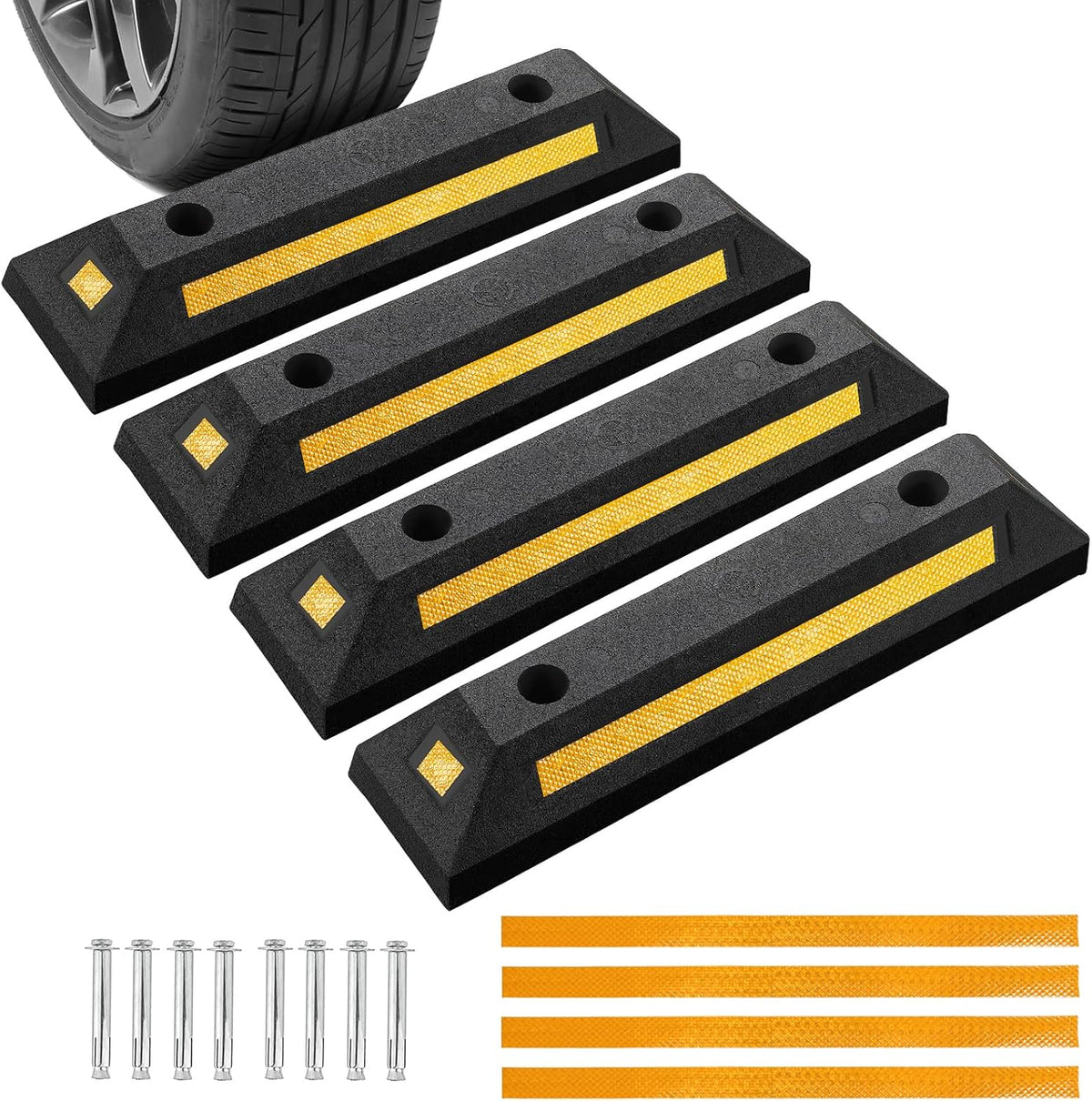 4 Pack Rubber Parking Guide Blocks | Heavy Duty Black Parking Blocks Parking Target Guide with Yellow Reflective Stripes, Wheel Stop Stoppers for Car, Truck, RV, Trailer, and Garage (4 Pack)