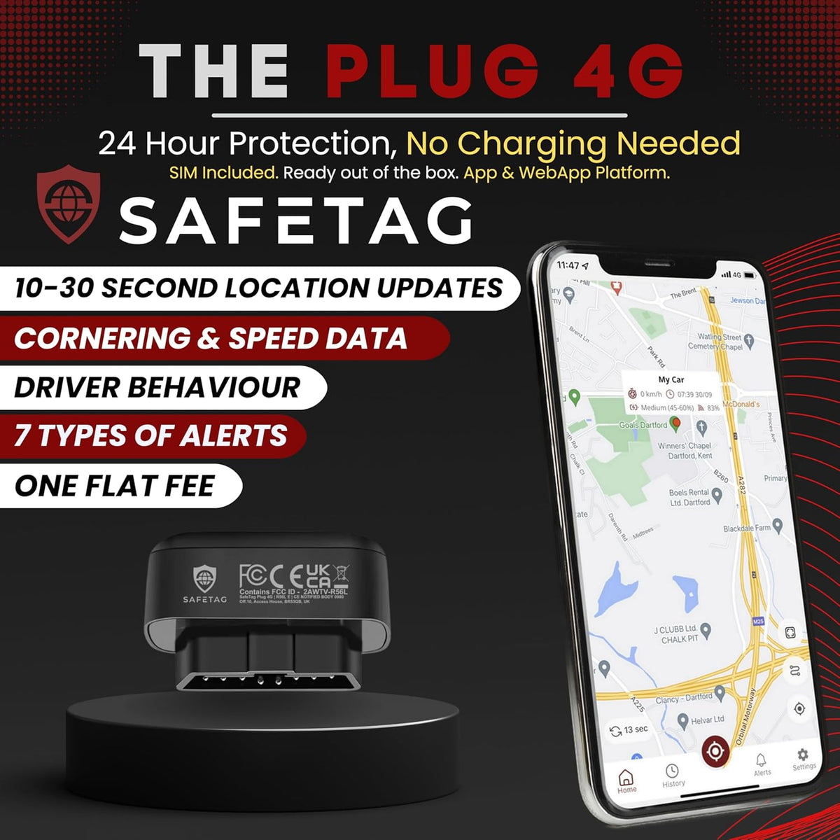 Plug - 4G LTE Car GPS Tracker, Vehicle Location Every 10-30 Seconds, Multiple GeoFences, Route Playback, Monitor Speed, Driving Behaviour, No Activation Fees, Cancel Anytime, 7 Day Free Trial