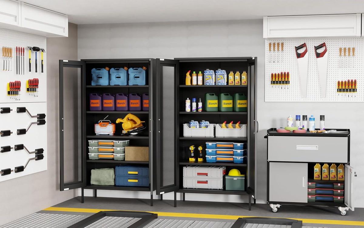 73 '' Metal Garage Storage Cabinet, 2 Doors and 4 Adjustable Shelves, mesh Door Design, can be Used to Store Tools, consumables, Books, etc., for Office, Home, Garage, Gym, School (Black)