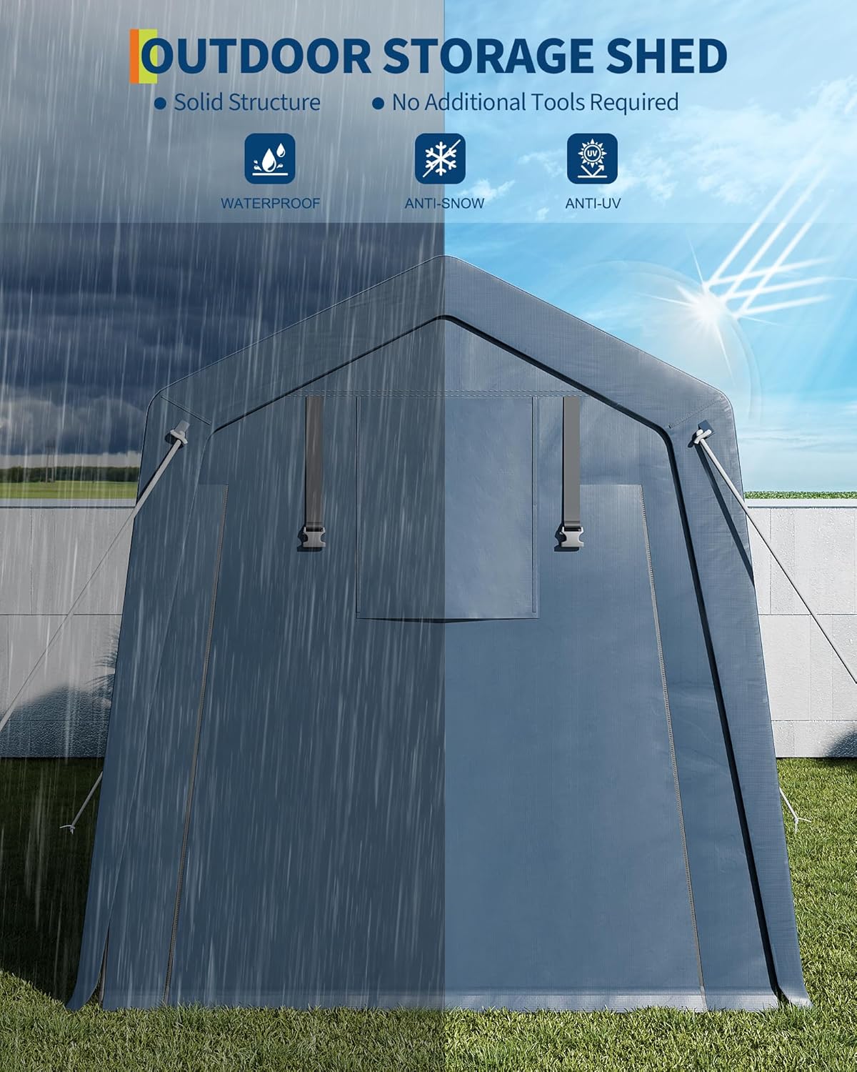 7*10F Outdoor Storage Shed with Floor, Heavy Duty Waterproof PE Tarp, Portable Metal Carport Garage Tent, 2 Roll-Up Doors & Vents, for Motorcycle and Bike Storage, Garden Tool Shed, Small Outdoor Shed