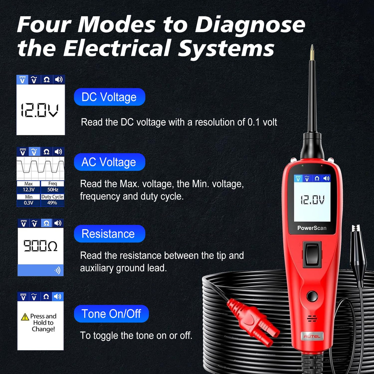 Autel PowerScan PS100 Power Circuit Probe Tester, Breaker Finder, 12V 24V Automotive Electrical Diagnostic Tool with 20ft Extension Cable, AVOmeter, Test Light, Continuity Checker, for 99% Cars