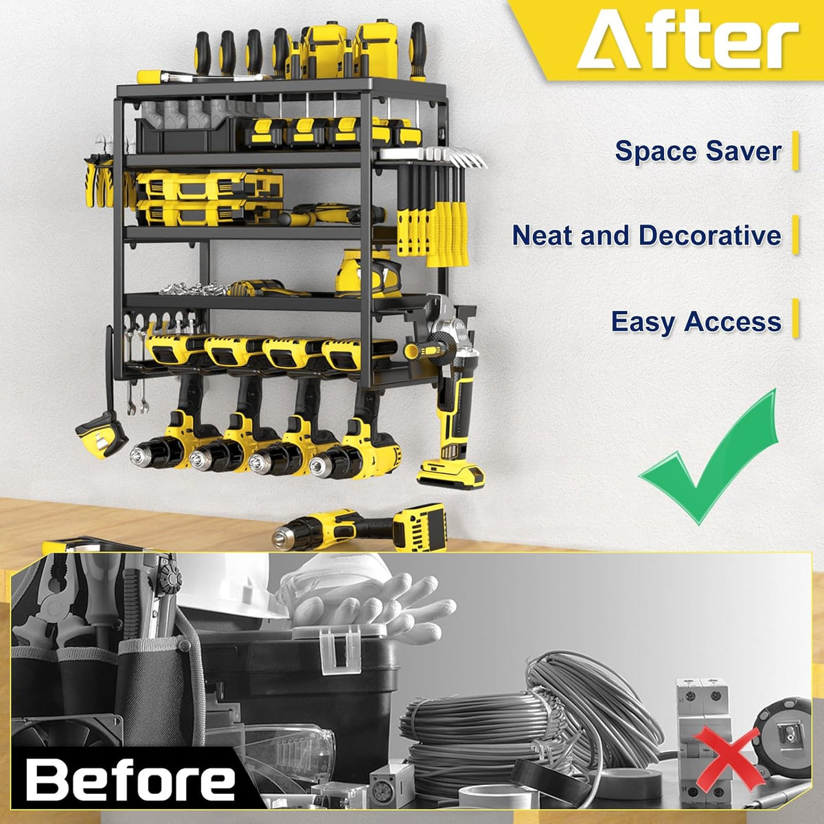 Power Tool Organizer, 5 Layer Drill Holders Wall Mount, Heavy Duty Metal Organizers and Storage Rack for Garage Organization, Tools Shelves with Screwdriver Plier Hammer Holder, Black