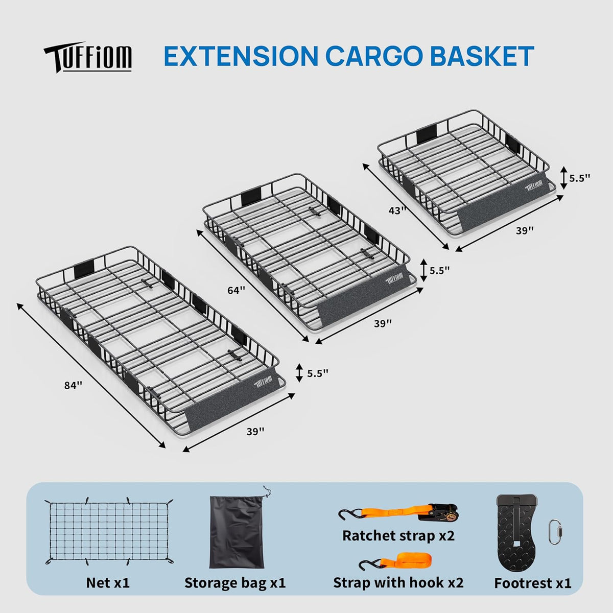 TUFFIOM 84"x 39"x 6" Universal Rooftop Cargo Carrier Basket, Extendable Steel Roof Rack Basket w/Net+Storage Bag+Pedal+Straps, Heavy Duty Car Top Rack Luggage Holder Carrier for SUV Car Truck Van
