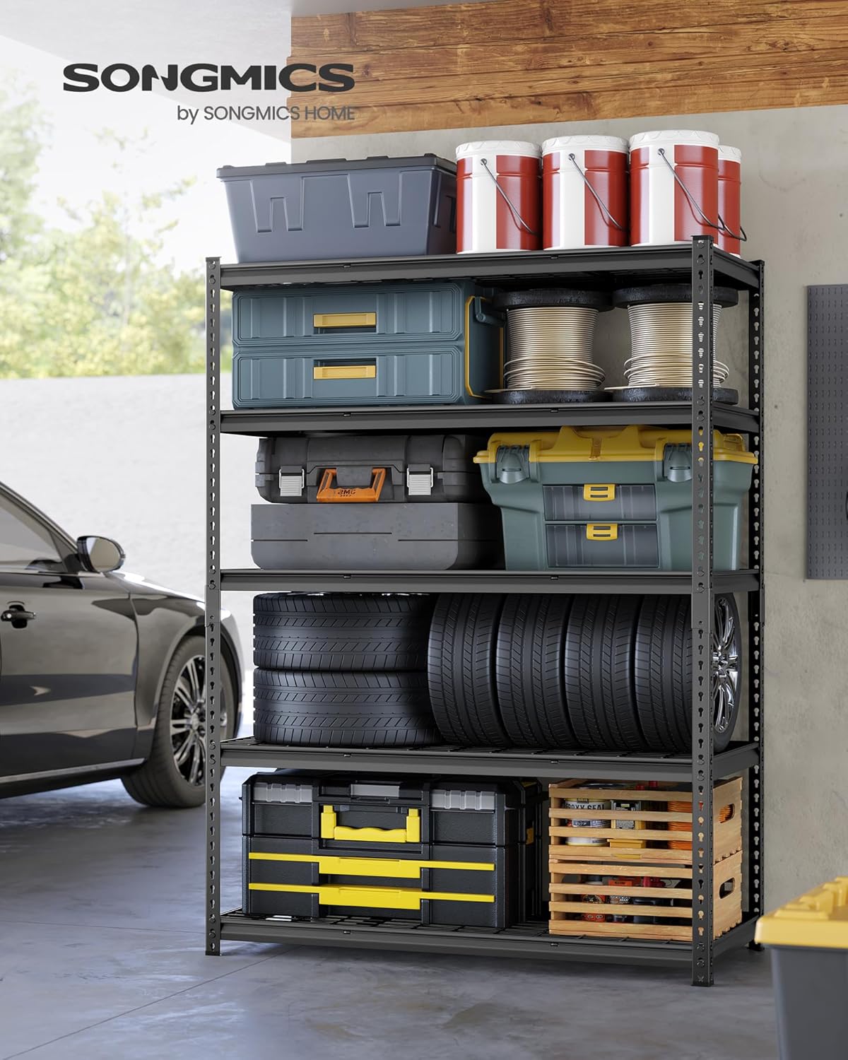 SONGMICS 5-Tier Storage Shelves Set of 2, Heavy-Duty Garage Shelving, Adjustable Shelving Unit, Steel Shelf, Boltless Assembly, for Garage, 2,200 lb Load, 24 x 96 x 72 Inches, Ink Black UGLR454B02