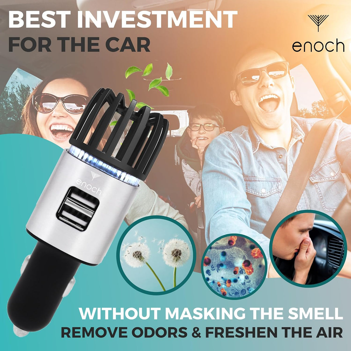 Enoch Car Air Purifier Premium Air Ionizer - 12V Plug-In Ionic Ozone Deodorizer Accessory with Dual USB Car Charger - Eliminates Cigarette Smoke, Pet and Food Odors, Dust (Gray Silver)