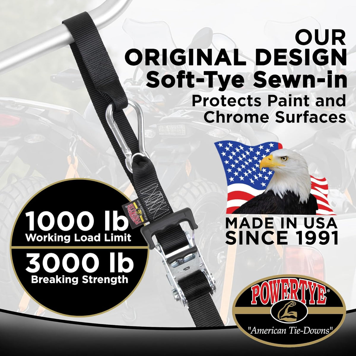 PowerTye 1.5in x 6.5ft Heavy Duty Ratchet Tie-Down Straps with Soft-Tye and Carabiner Hooks - 1,000 lb Working Load Limit / 3,000 lb Breaking Strength - Made in USA - Red/Black Pair