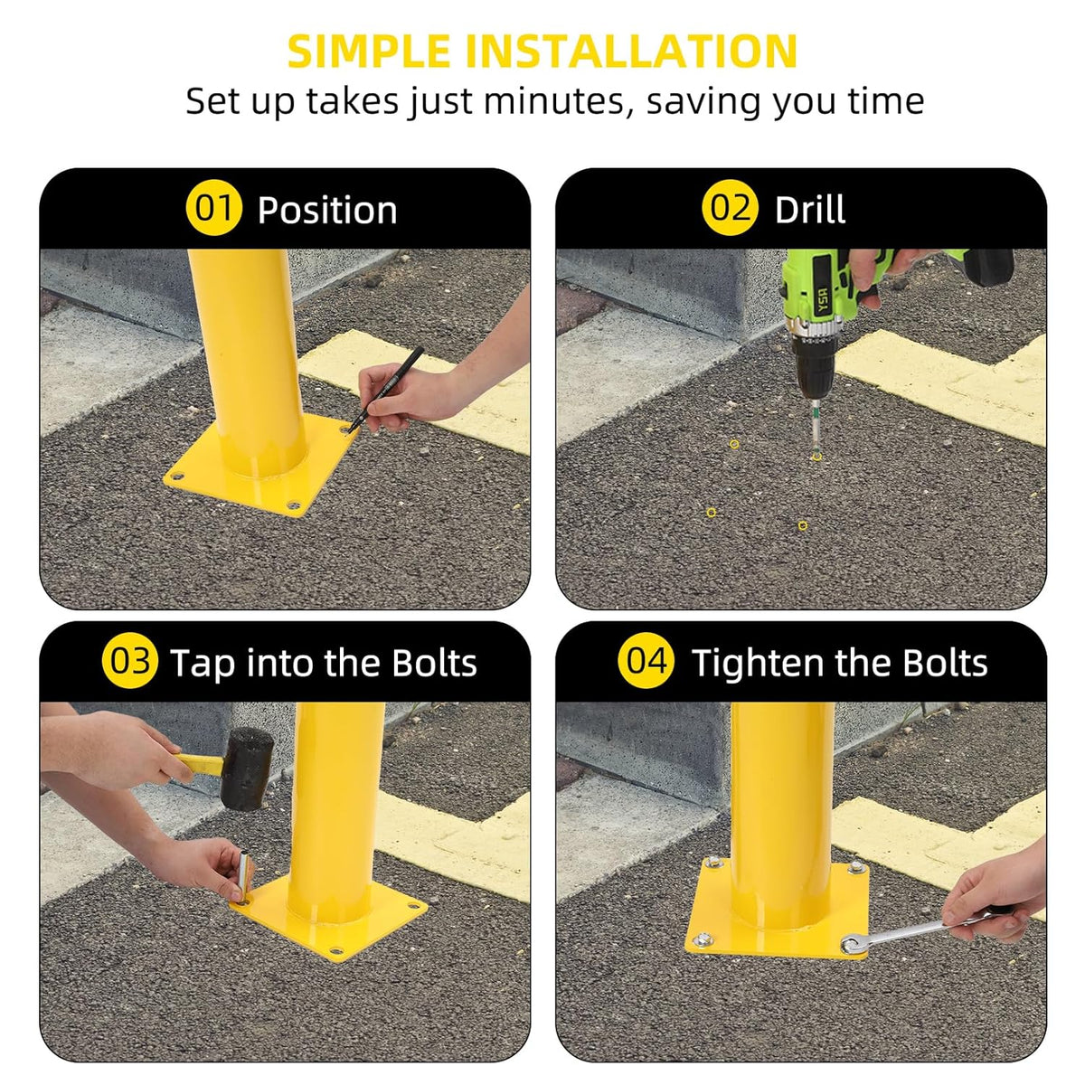 Safety Bollard 2 Packs, 48 Inch Height Steel Bollard Post for Parking Lot, 4.5 Inch Diameter Pipe, Yellow Safety Bollard Post with 16 Anchor Bolts, Ideal for Traffic-Sensitive Areas, Driveway Barrier