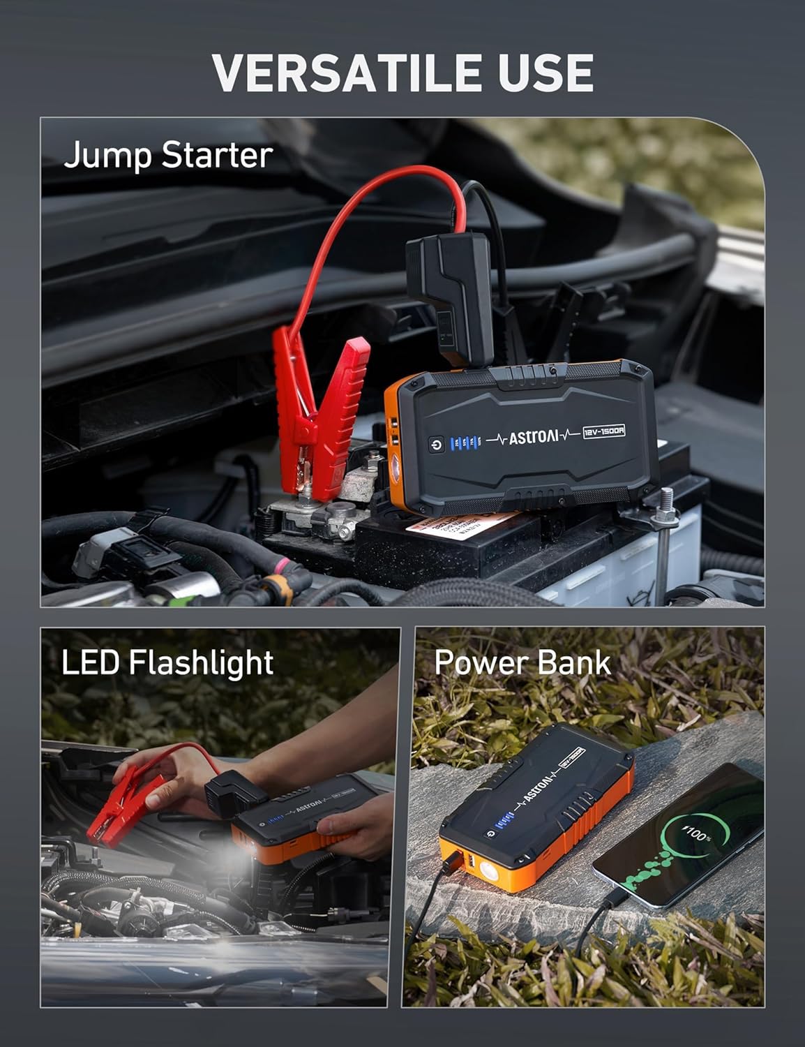 AstroAI S8 Car Battery Jump Starter, 1500A Peak Car Jumper Starter Battery Pack for Up to 6.0L Gas & 3.0L Diesel Engines, 12V Portable Jump Box with 3 Modes Flashlight and Jumper Cable (Orange)