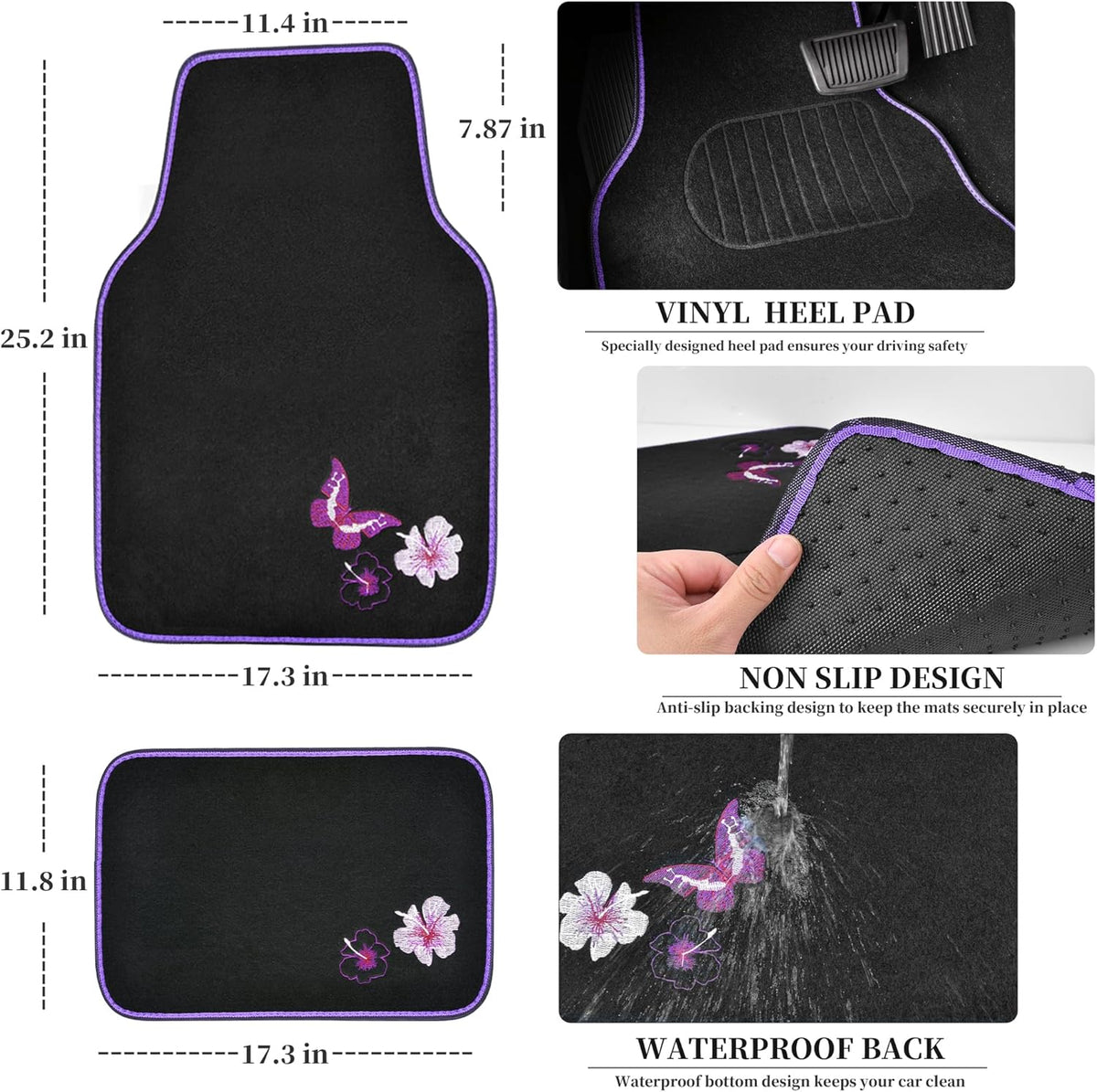 CAR PASS Universal Butterfly Car Seat Covers Front Set, Embroidered Flower Waterproof Car Floor Mats Carpet, Butterflies Steering Wheel Cover for Car Accessories Interior Sets (Black and Purple)