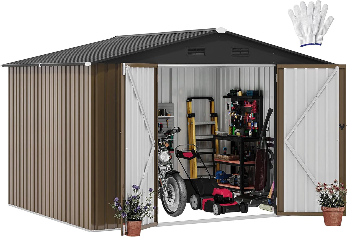 DWVO 10x8FT Outdoor Storage Shed, Spacious Metal Tool Shed with Lockable Doors & Ventilation for Patio, Lawn, and Backyard, Ideal for Storing Garden Equipment, Lawnmowers, and Bicycles, Brown