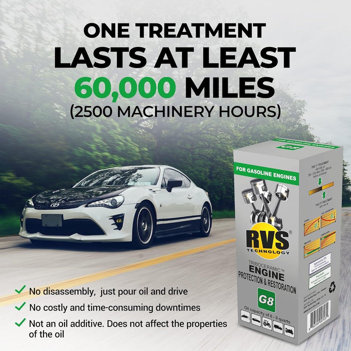 G8 Engine oil Treatment. for Gasoline Engines with an Motor Oil Capacity up to 9 quarts. Boost Power and Safely Restore and protect your Car, Truck, Motorcycle and all other engines