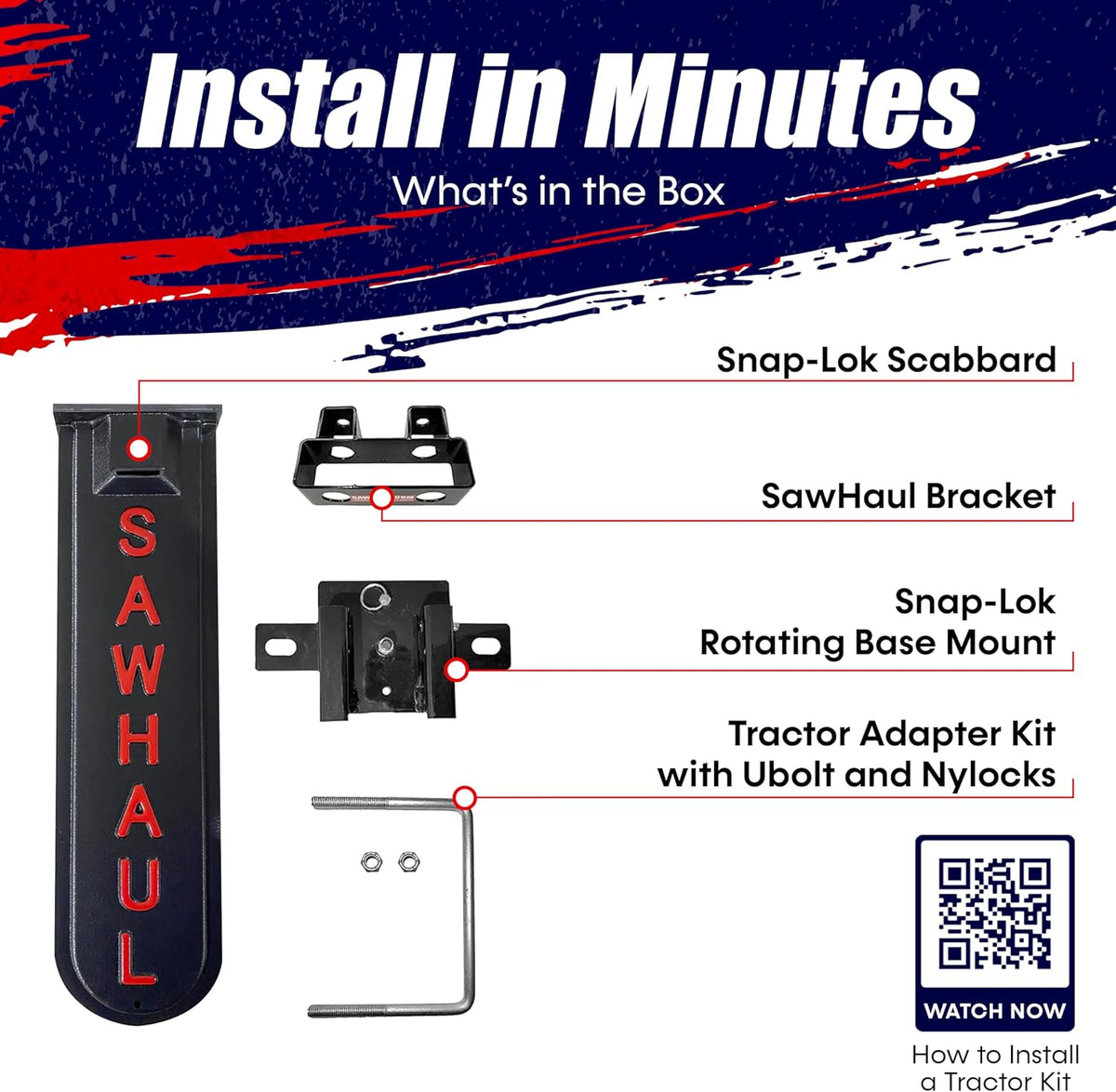 SawHaul Snap-Lok Universal Chainsaw Carrier Kit for Tractors and Skid Steers – 20 Inch Red Scabbard with Rotating Mount – Compatible with All Chainsaw Brands – Made in USA
