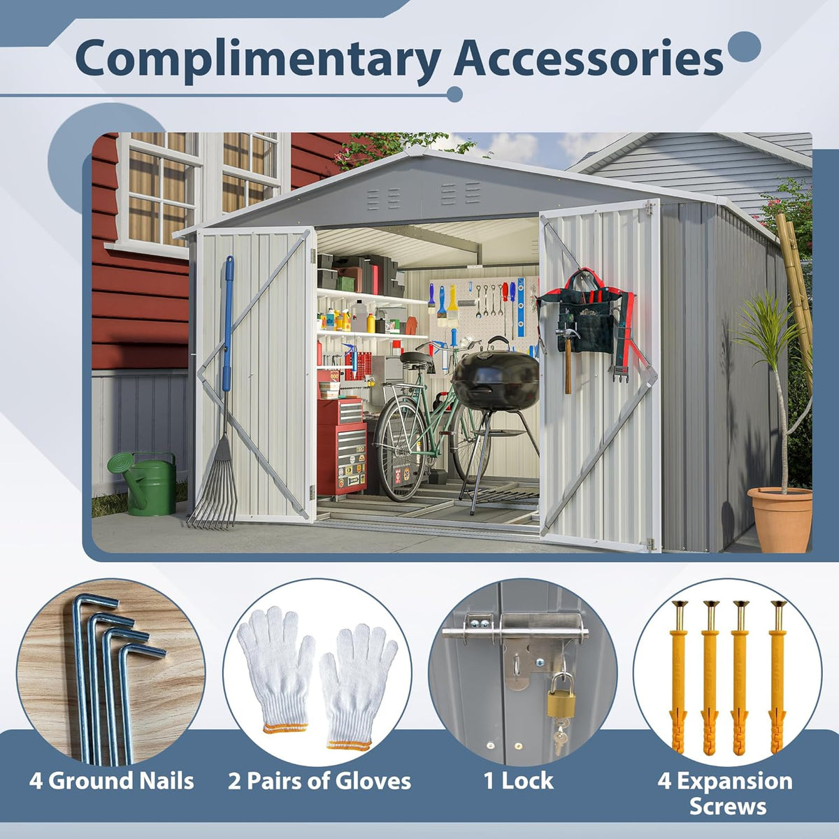 10X8 FT Outdoor Metal Storage Shed with Lockable Door & Floor Frame, Heavy-Duty Garden Tool Shed, Weatherproof Steel Utility Shed for Backyard, Patio, or Lawn Organization