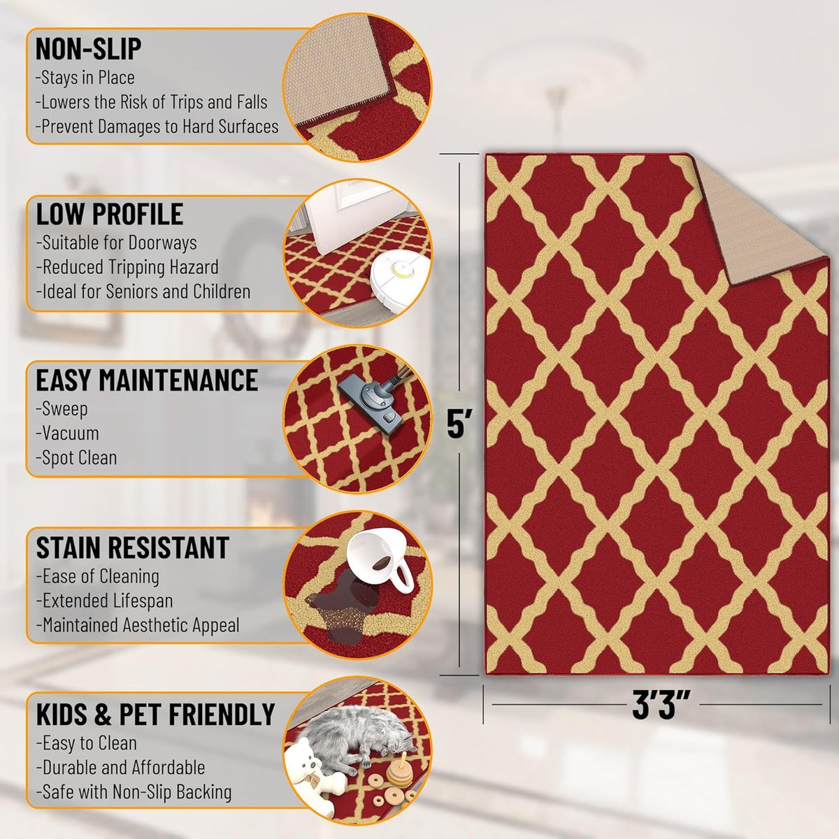 Ottomanson 3'3" x 5' Rugs for Living Room Trellis Area Rug for Bedroom - Non Slip Durable Large Floor Carpet for High Traffic Areas - Indoor Rug for Dining Room Kitchen Kids Playroom, Red
