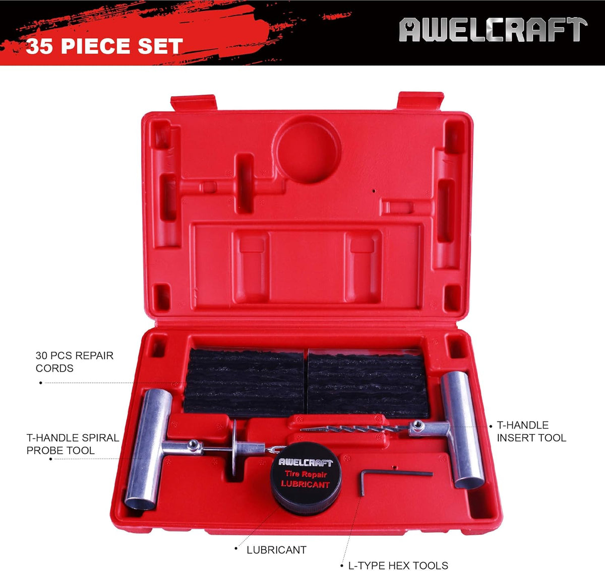 35-Piece Universal Heavy Duty Tire Plug Kit to Fix Punctures and Plug Flats, Ideal for Cars, Trucks, Motorcycles, ATV, with Storage case