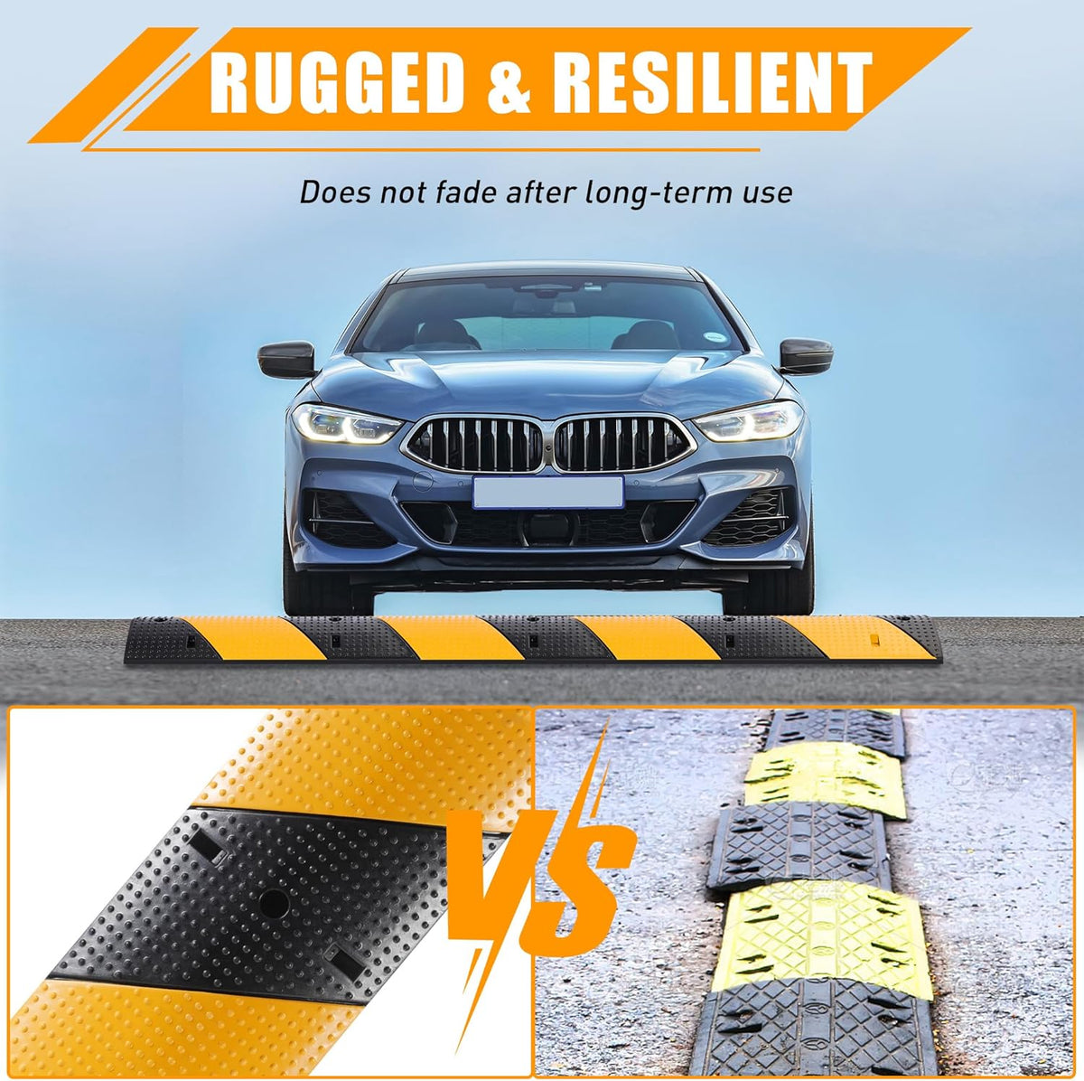 Rengue 39.3" Rubber Speed Bump, Pack of 2 Total 78.6'' Heavy Duty, Humps Rated 66000 LBS Load Capacity, Speed Humps with 6 Bolt Spikes Anchors for Asphalt Concrete Gravel Driveway