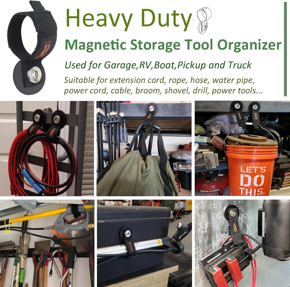 ULIBERMAGNET Strong Magnetic Storage Straps,Heavy Duty Magnetic Garage Storage Tool Organizer,Extension Cord Straps, Hose, Cable, Rope,Tools for Garage,Pick-up,RV and Workshop(2 Pack)