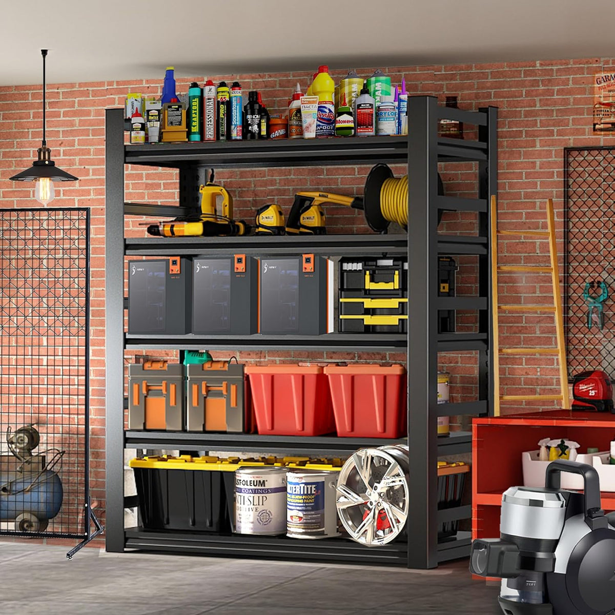 Adjustable Heavy Duty Metal Garage Shelving Unit with Fence, 5-Tier Storage Rack for Garage, Basement, or Warehouse, Durable Steel Shelves for Tools & Equipment, 63" H x 32" W x 16" D, Black