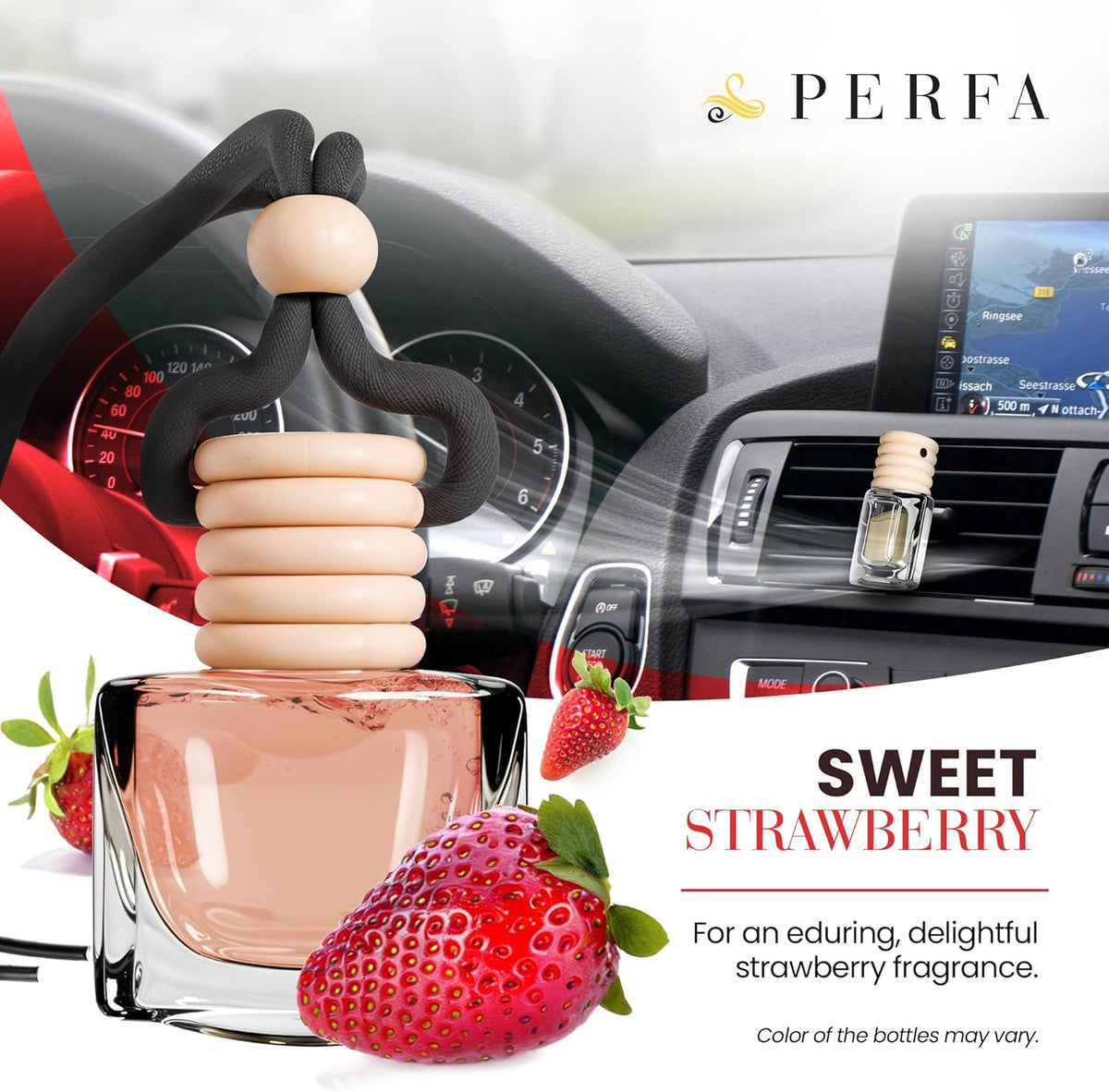 Car Air Fresheners for Women - Sweet Strawberry Fragrance | Pack of 2 Long Lasting Car Air Freshener | Odor Eliminator with Essential Oils | Car Air Freshener Vent Clip by Perfa