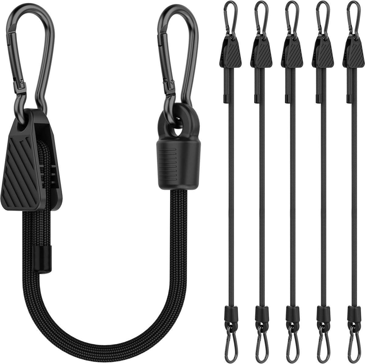 Upgraded Adjustable Bungee Cords with Hooks, 6 Pack Heavy Duty Outdoor Carabiner Bungee Cord, Black Super Elastic Bungee Straps Easily Adjust from 7" to 18", Great for Camping, Tarps, Bike Racks, Tent