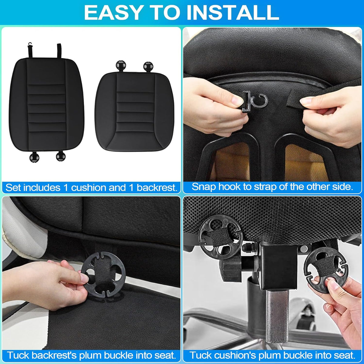 MYFAMIREA Car Seat Cushion and Back Support Pillow 1.2'' Thick Memory Foam Desk Chair Cushion Back Support for Automotive Seat Driver, Travel, Leg and Back Pain Relief, Washable, Adjustable, Black