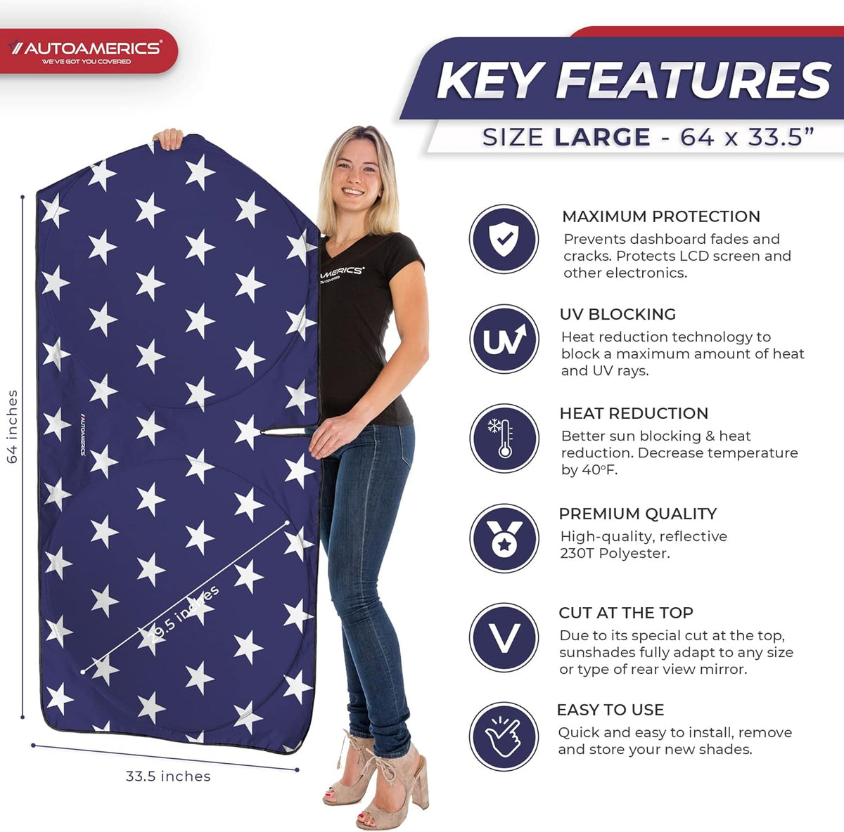Autoamerics 1-Piece Windshield Sun Shade American Stars Flag USA Patriotic Design - Foldable Car Front Window Sunshade for Sedans SUV Truck - Blocks Max UV Rays and Keeps Your Vehicle Cool - Large