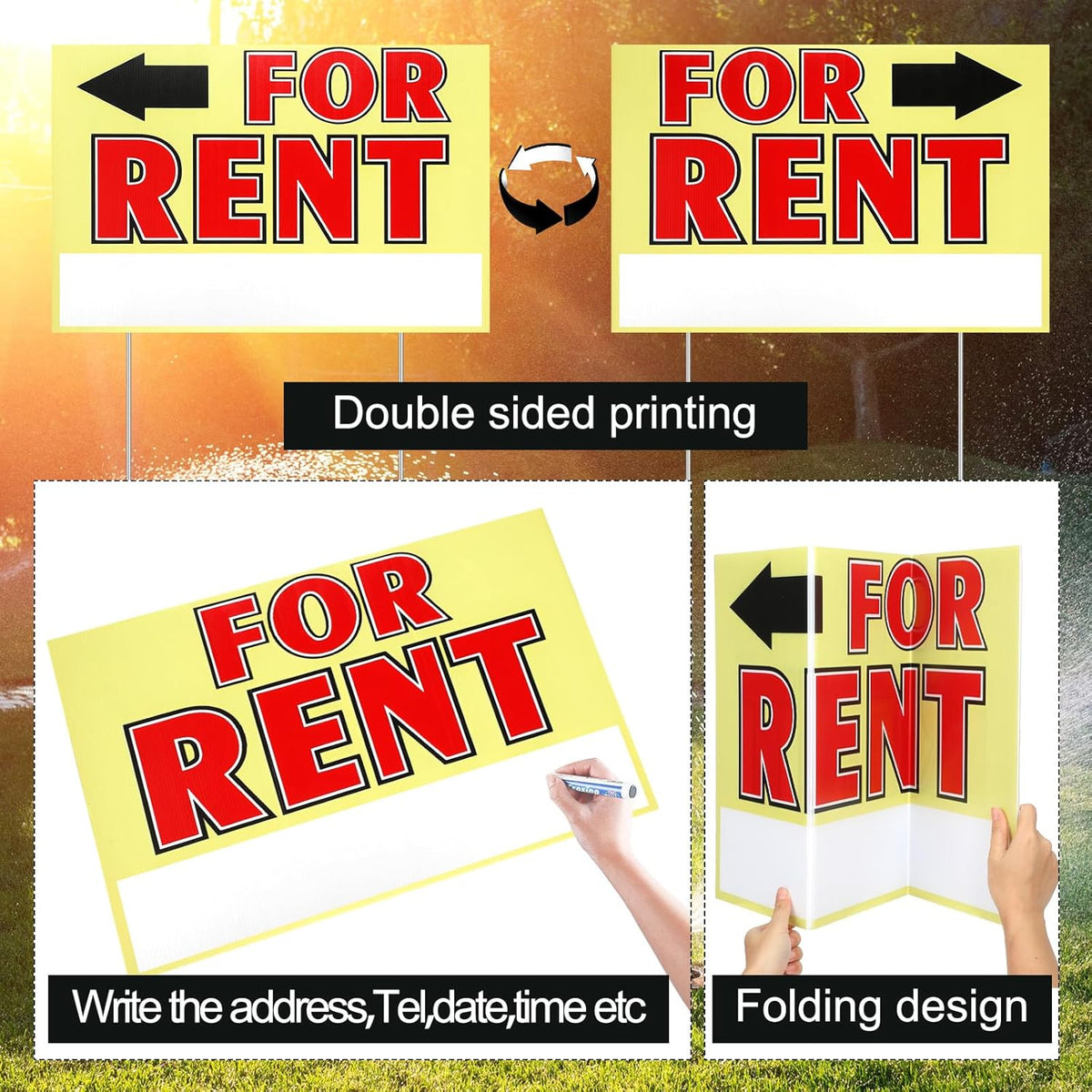 Marsui 3 Pcs Sale Sign 23.6 x 15.7 Inch Double Sided Sign with Stakes Blank Corrugated Plastic Signs with Directional Arrow and Metal Stake (for Rent)