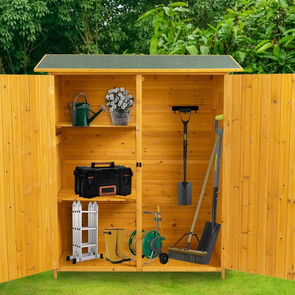 56" L x 19.5" W x 64" H Outdoor Wooden Storage Shed with Lockable Door, Waterproof Roof,Detachable Shelves for Garden Tools,Natural Wood