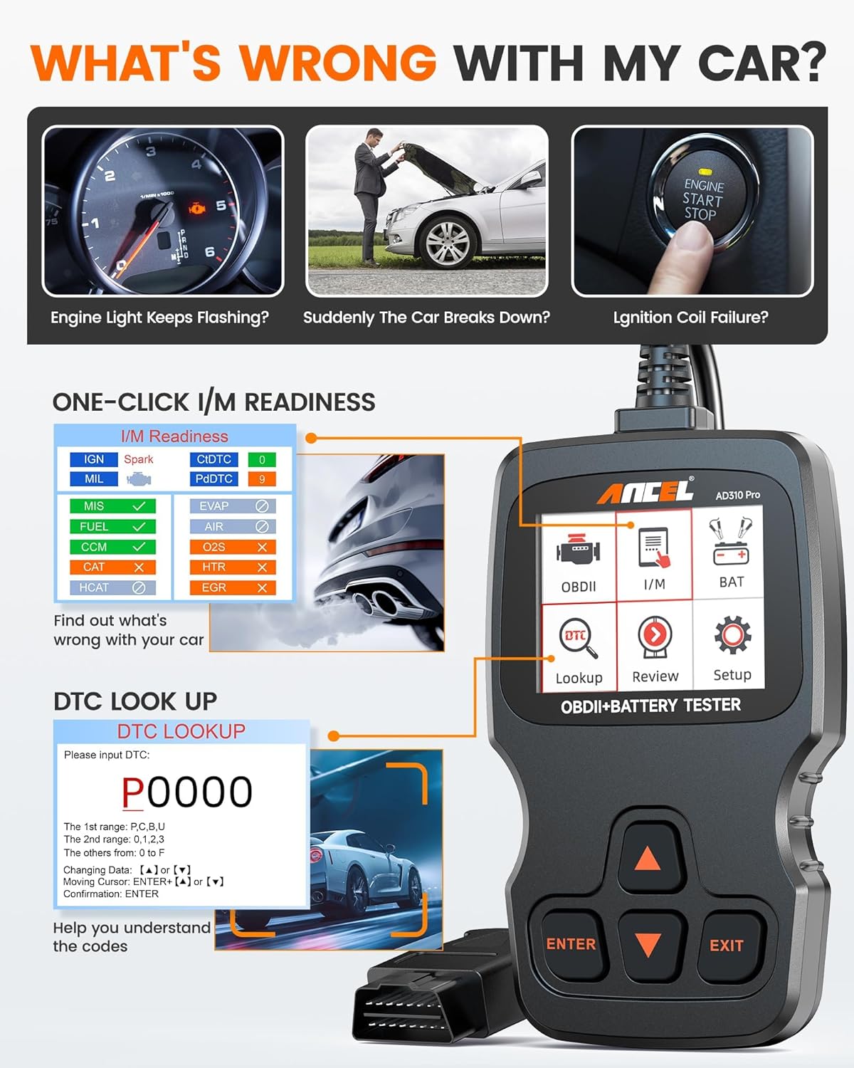 ANCEL AD310 Pro OBD2 Scanner Diagnostic Tool & Car Battery Tester & Bluetooth OBD2 Reader, Check Engine Code Reader for Car with Lights Reset Live Data, 12V 24V Battery Charging/Cranking System Test