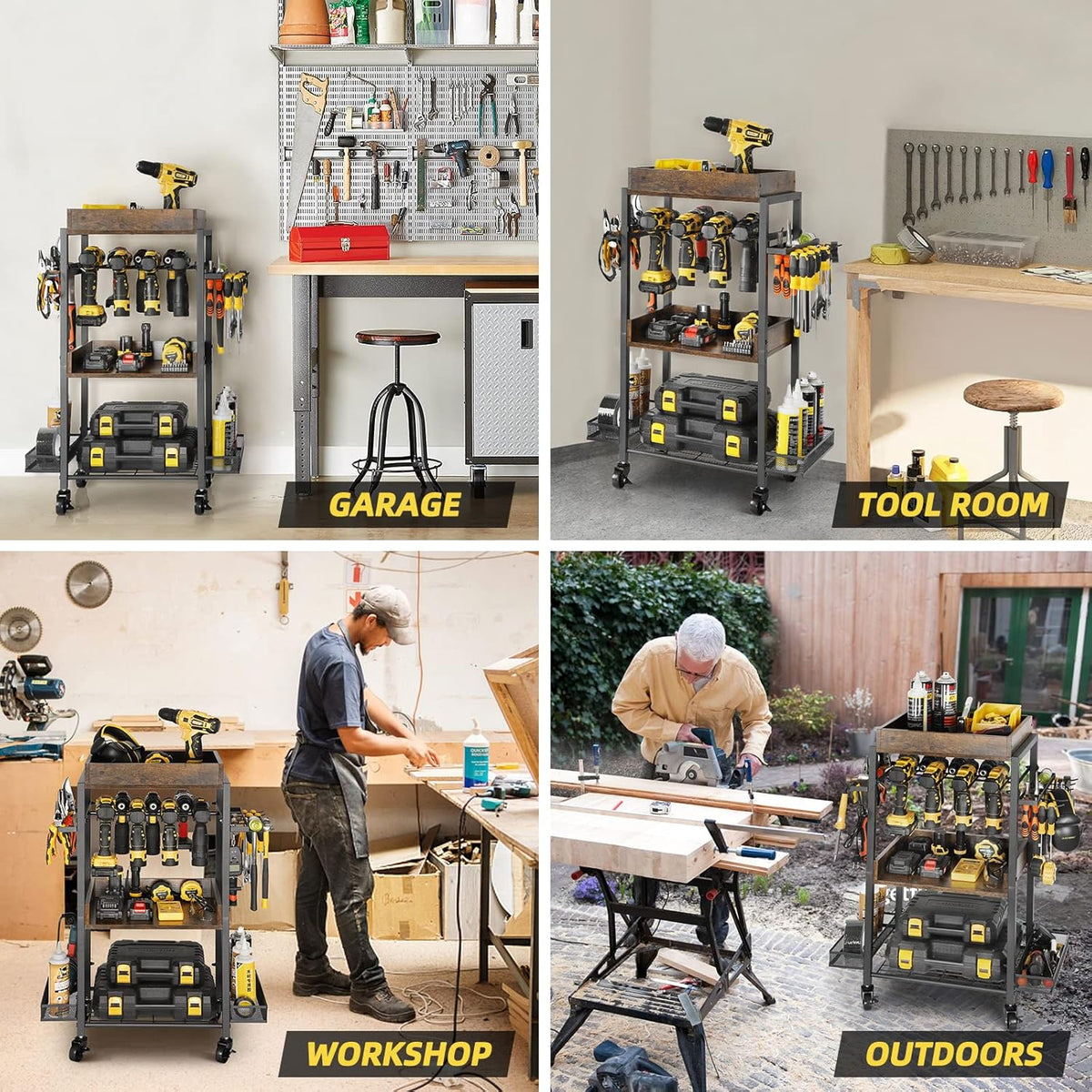 Power Tool Organizer Garage Storage Organization Shelving Tool Holder Drill Rack Shelf Rolling Cart Open Tool Chest Cabinet Box Organizer with Wheels Workshop Garage Gift Ideas for Men Dad