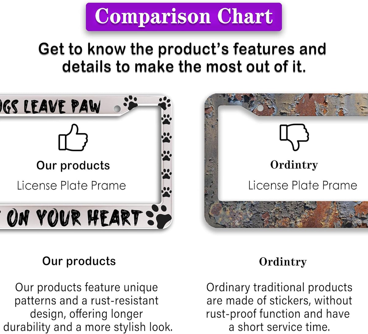 License Plate Cover Black and White License Plate Frames Dogs Leave Paw Prints on Your Heart Universal Aluminum Car Accessory 2 Pack with Screw Covers Set