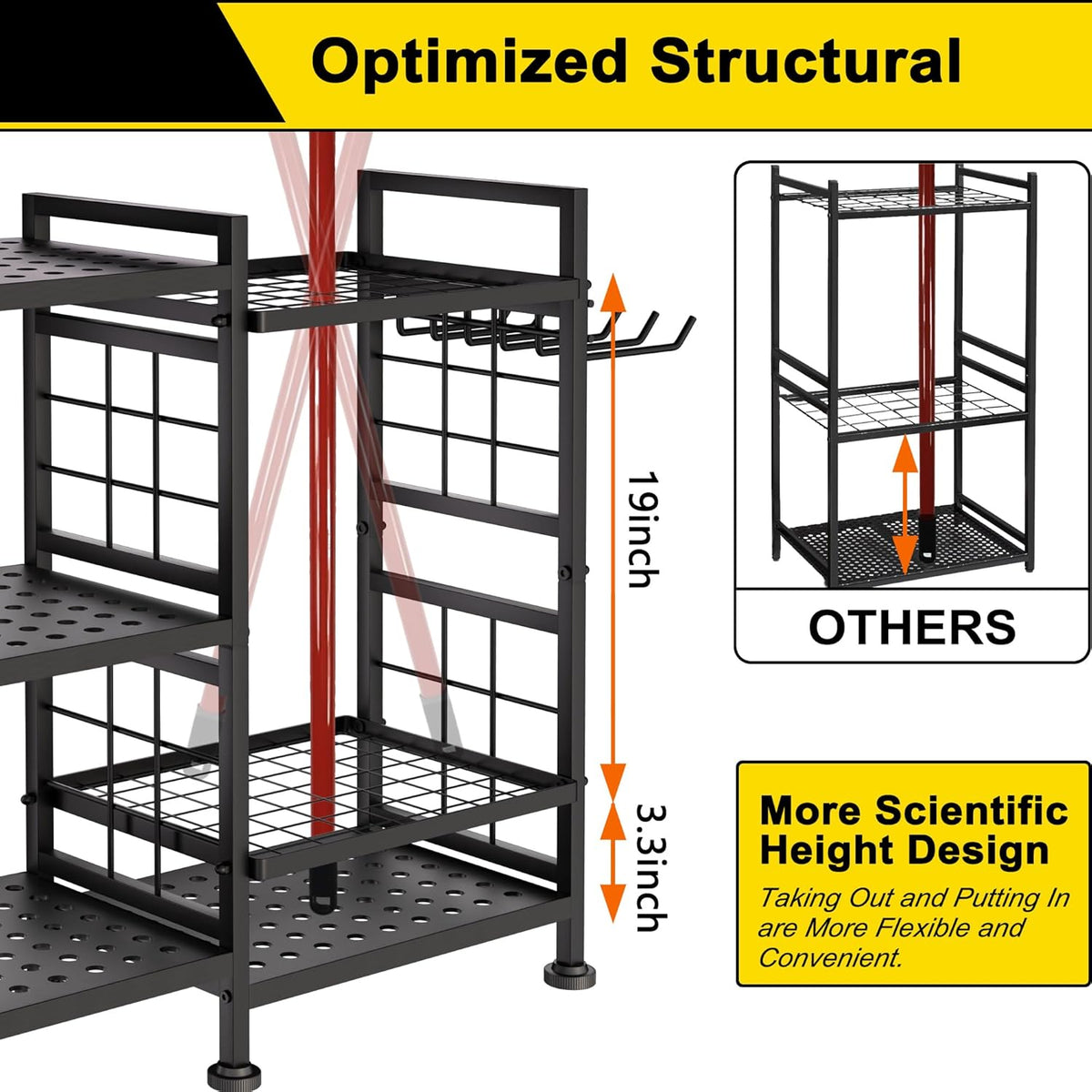 GIOTORENT 6 Tier Garden Tool Organizer, Garage Storage and Organization, Metal Yard Tools Storage Rack, Heavy Duty Garden Tool Organizer for Garage, Yard, Patio, Shed, Indoors and Outdoors, Black