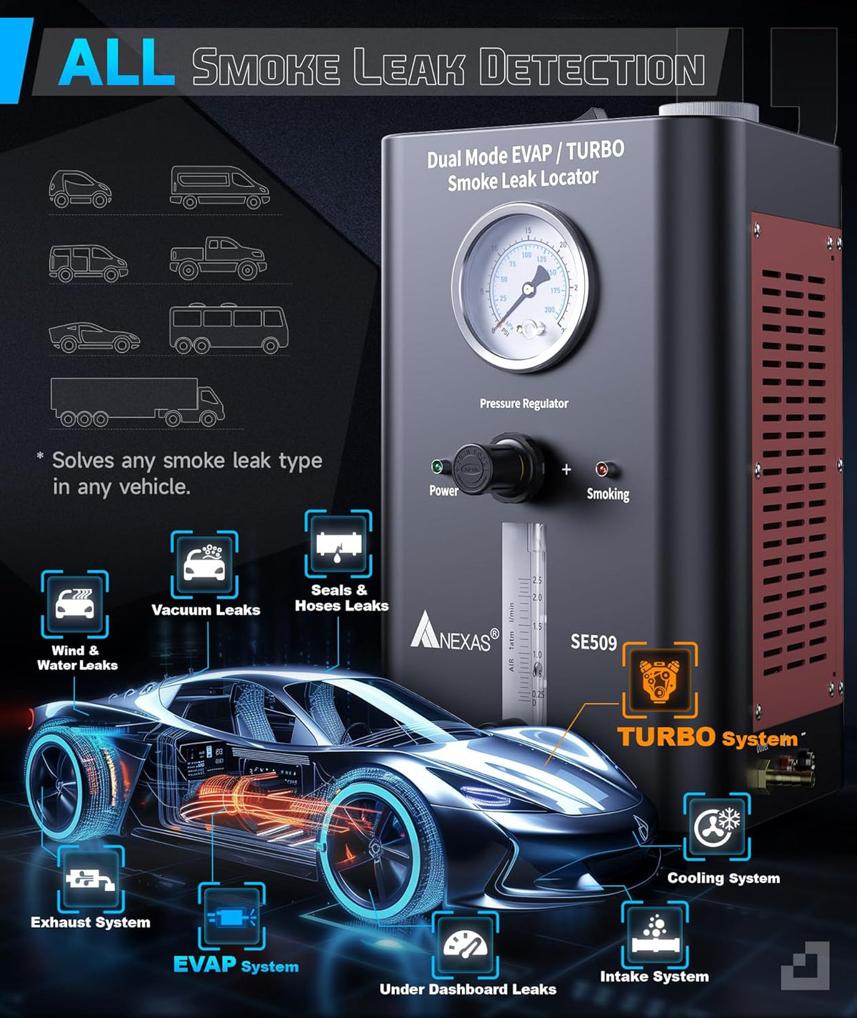 NEXAS SE509 Smoke Machine Automotive with Built-in 2 Air Pump, Pressure Regulator, Dual Mode EVAP Turbo Automotive Smoke Leak Detector, Smoke Tester Tools Kit for Vacuum, Fuel and More Leak Testing
