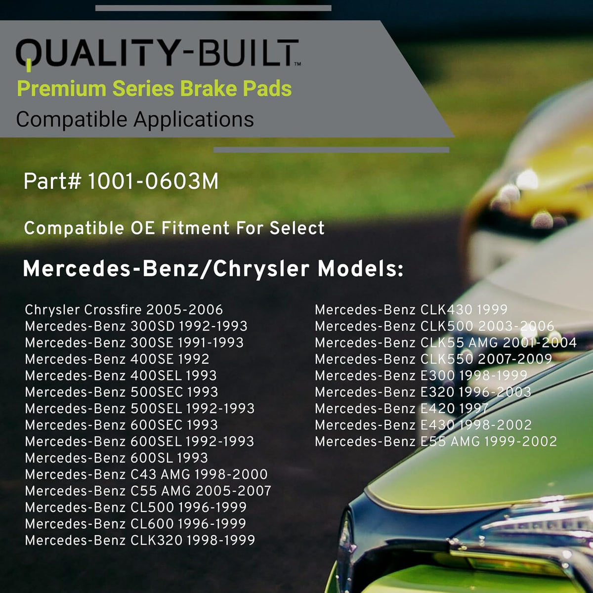 Premium Semi-Metallic Rear Brake Pads (1001-0603M) Compatible with 1991-2010 Chrysler/Mercedes-Benz (300SD/300SE/400SE/400SEL/500SEC/500SEL/600SEC/600SEL/600SL/C43 AMG/C55 AMG/CL500)