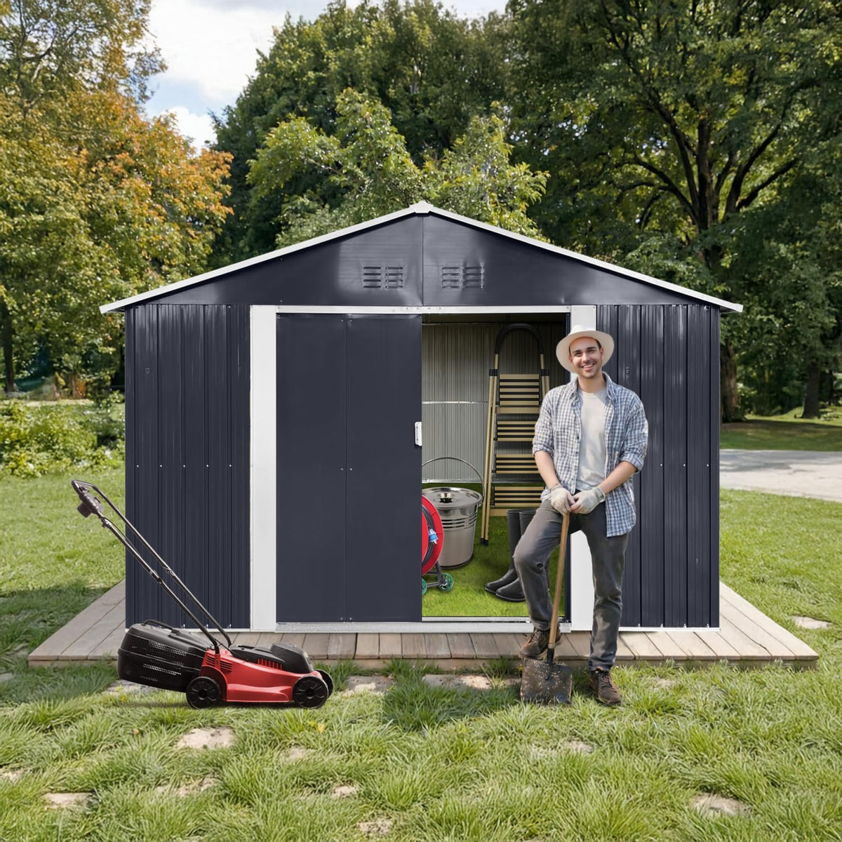 9.1' x 6.4' Outdoor Storage Shed, Sturdy Metal Building w/Windows & Lockable Doors for Garden, Backyard, Poolside and Lawn, Anthracite