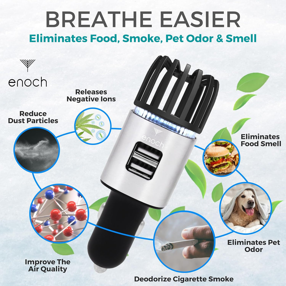 Enoch Car Air Purifier Premium Air Ionizer - 12V Plug-In Ionic Ozone Deodorizer Accessory with Dual USB Car Charger - Eliminates Cigarette Smoke, Pet and Food Odors, Dust (Gray Silver)