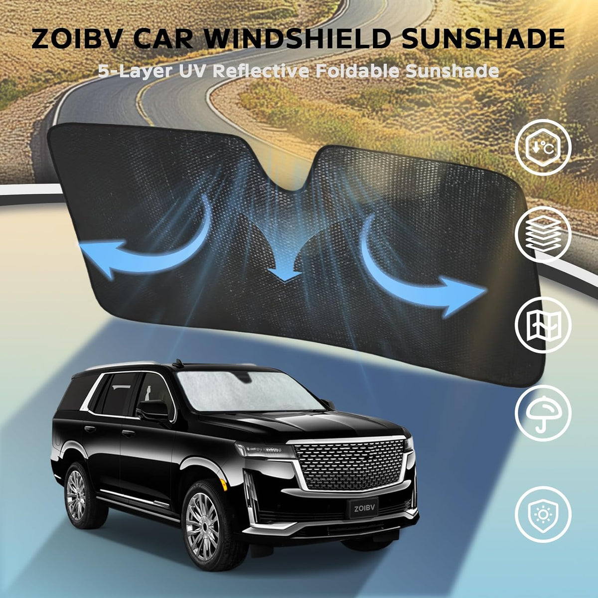 Windshield Sun Shade for Cadillac Escalade 2021-2025 - 5-Layer Bubble Foldable Front Window Shade Sun Visor Accessories - Blocks Heat & UV Rays