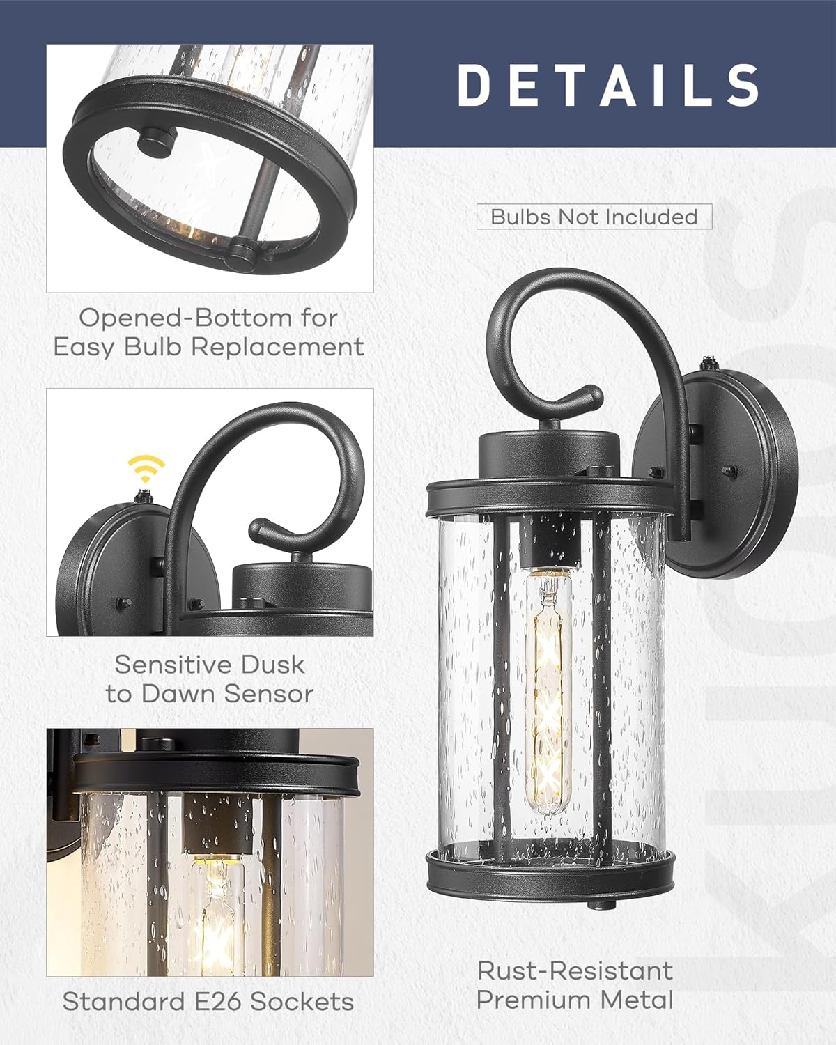 kudos Dusk to Dawn Outdoor Lighting, 15.8 inch Large Cylinder Porch Lights, Anti-Rust Waterproof Outdoor Wall Light for Patio, Garage, Black with Seeded Glass, KDOWL01-BK-L-LC
