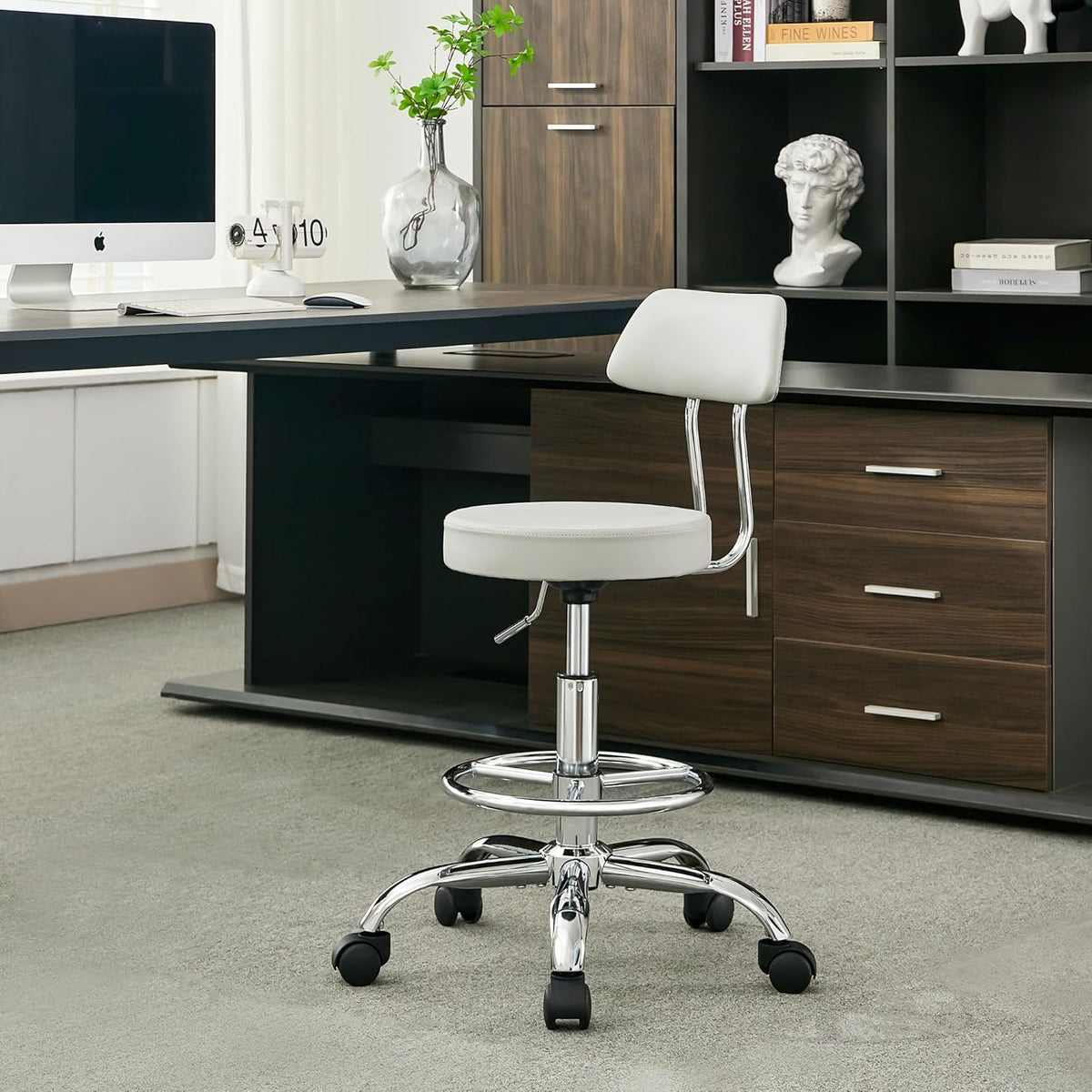 Drafting Stool (Height Adjustable Office Chair with Footrest 19.5’’-26.6’’)(Drum Stool with Back) Space Saving Tattoo Chair (Gray)