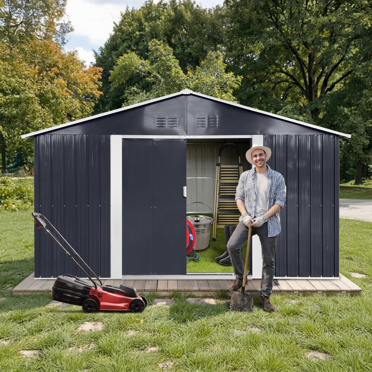 11.2' x 10.6' XL Outdoor Storage Shed, Sturdy Metal Building w/Windows & Lockable Doors for Garden, Backyard, Poolside and Lawn, Anthracite