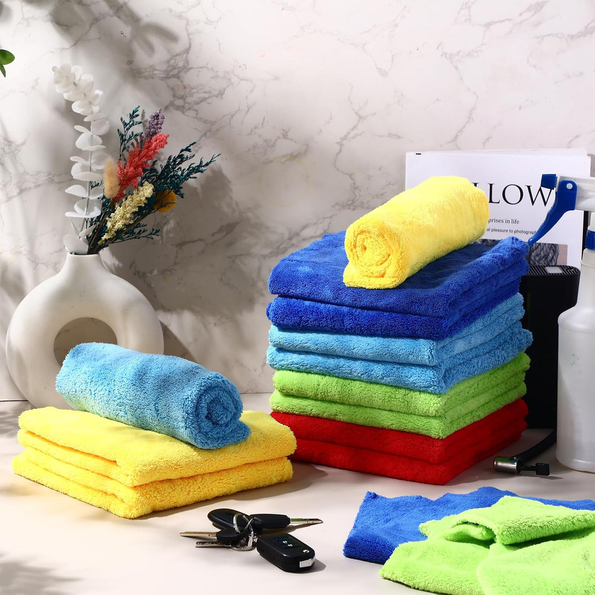 Shimeyao 30 Pcs Edgeless Microfiber Plush Towels for Cars Detailing Drying Wash Polishing Absorbent Cleaning Cloths, 500 GSM, 16 x 16 Inch(Multicolor)